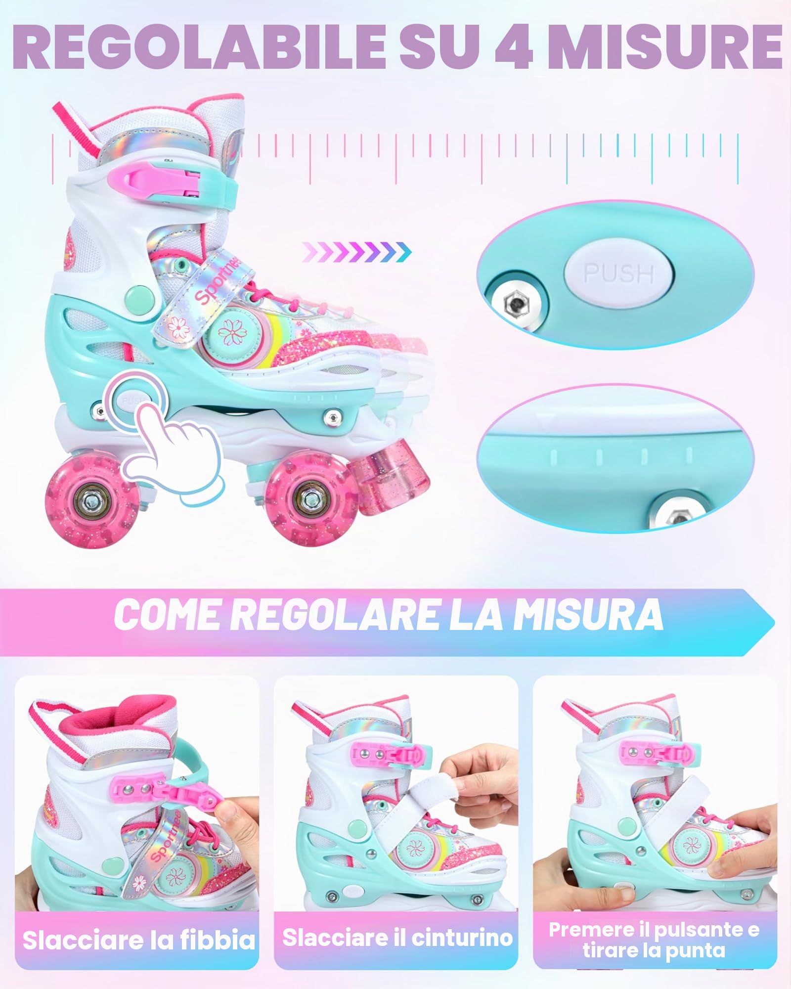 Pattini a rotelle per bambine regolabili 4 misure con 8 ruote LED illuminate