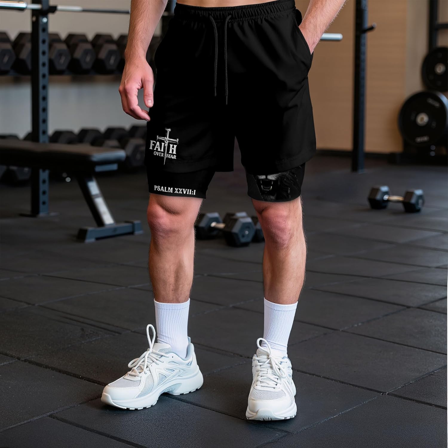Faith Over Fear Shorts, Mens Gym Clothes, Work Out Shorts Gym for Men, Christian Shorts for Men