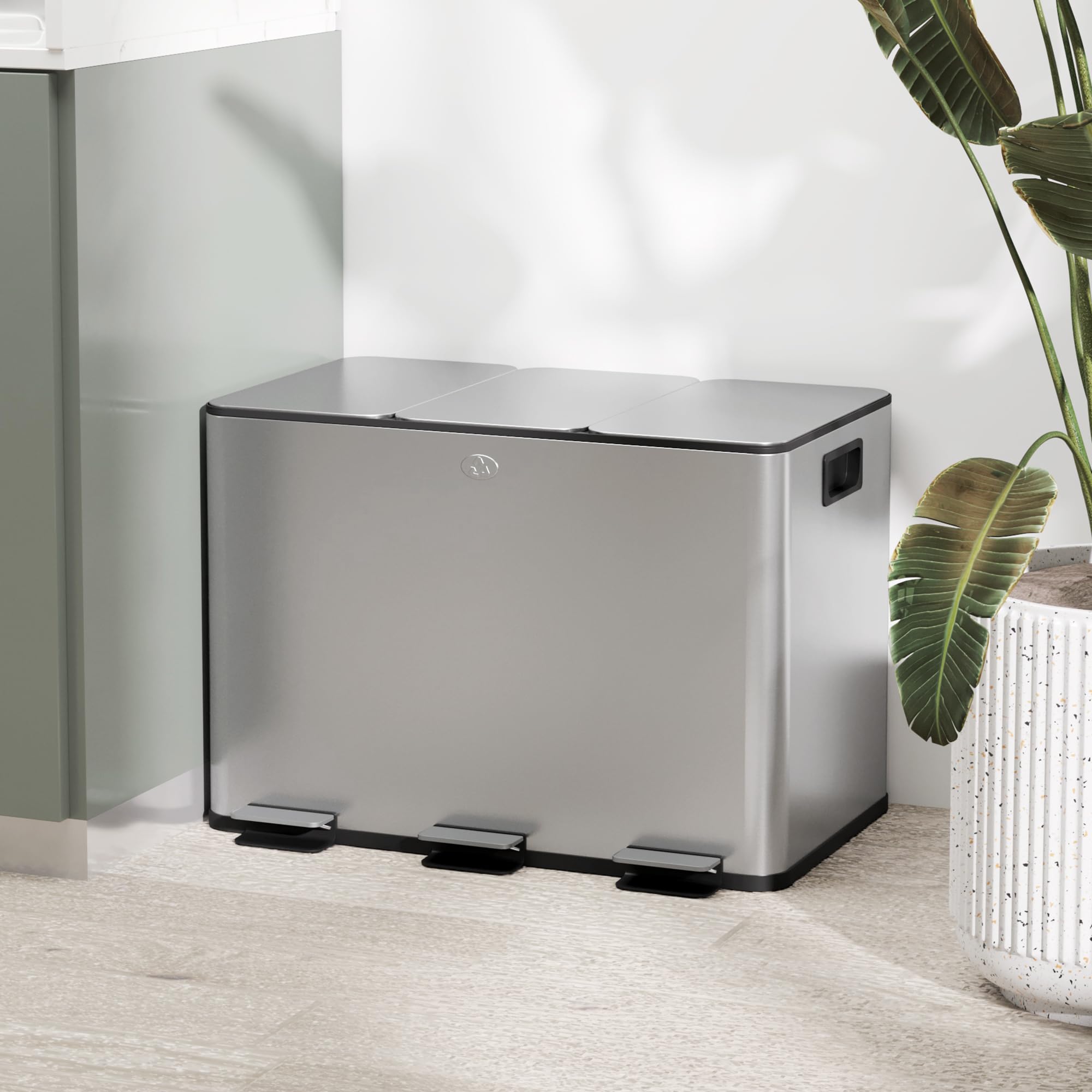 HOMCOM Differentiated 3 Compartments 10L Kitchen Pedal Bin with 3 Silently Closing Lids in Stainless Steel and PP, 49.5 x 34.5 x 38.5 cm, Silver - 2