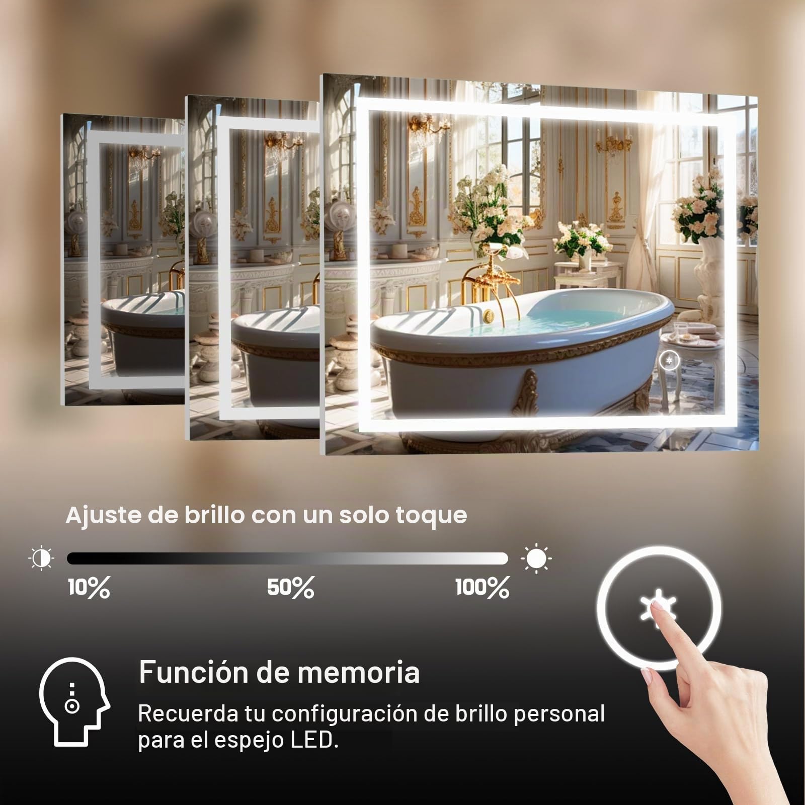LED Espejo de Baño 70x90 Cm, Interruptor Táctil | Espejo de Baño Iluminado con Interruptor Táctil, Vertical/Horizontal, lP44