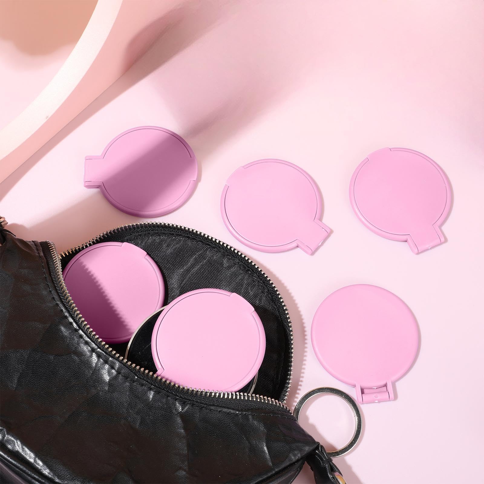 24 mini specchi compatti rotondi, portatili, pieghevoli, tascabili, da viaggio, per donne e ragazze, per uso quotidiano, 7,1 x 6,1 cm (rosa)