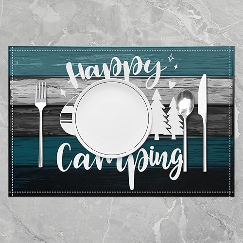 Miniatura 2 de Juego de 4 manteles individuales de camping con diseño de acuarela vintage a rayas de madera azul y gris para niños, adolescentes y adultos, estilo