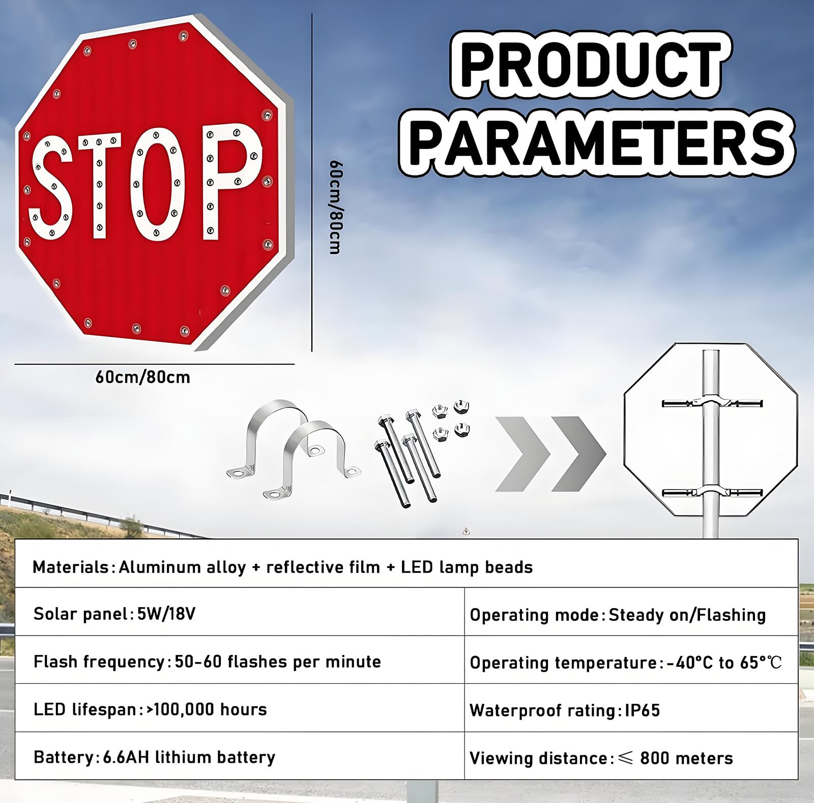 Señal De Alto Solar, Señales De Tráfico De Aluminio, Señales De Advertencia LED Intermitentes Para Calle, Película Reflectante De Grado Industrial (60Cm/80Cm), Señales De Alto Intermitentes 80cm(32in)