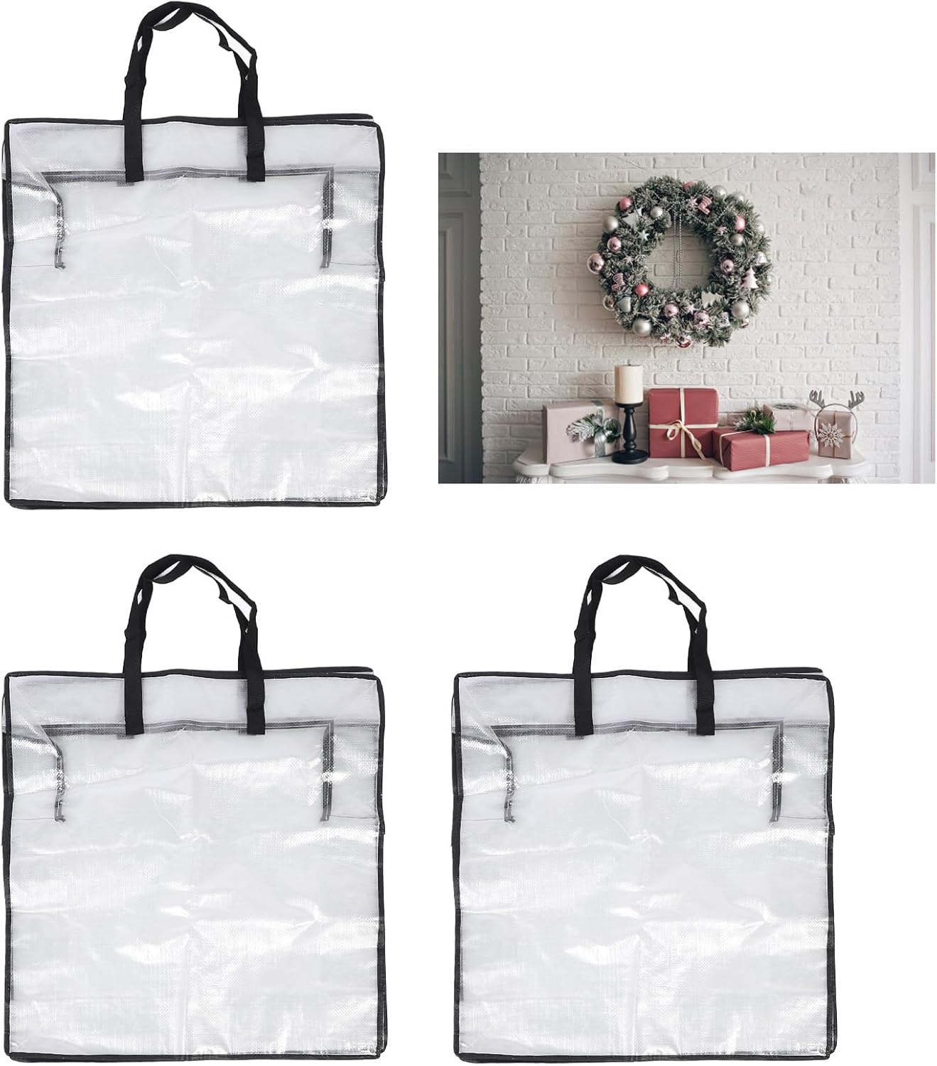 3 Pack Clear Wreath Storage Bag, Plastic Ornament Storage Box Clear Moving Bags with Handle and Zip for Holiday Wreaths, Bed Sheet
