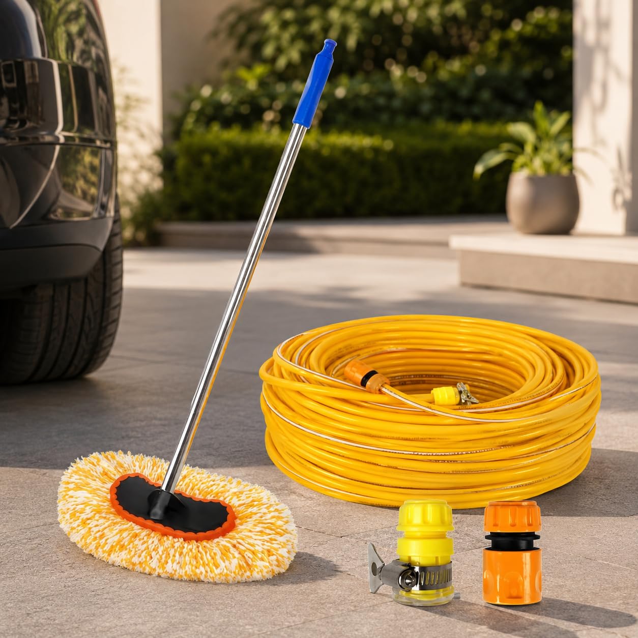 Lot 1 Mop de Lavage de Voiture à Passage d'eau, 2 raccords Rapides + Tuyau d'eau de 10 m, Manche télescopique, adapté pour SUV et Camping-Car