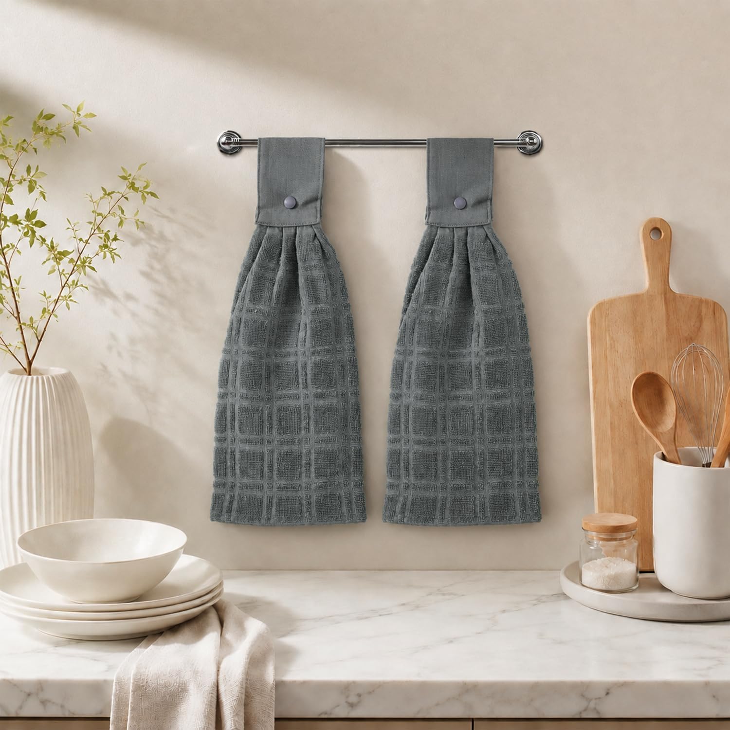 Blue Needles Set of 2 Gingham Hanging Kitchen Towels Cotton - 9 x 17 Inches