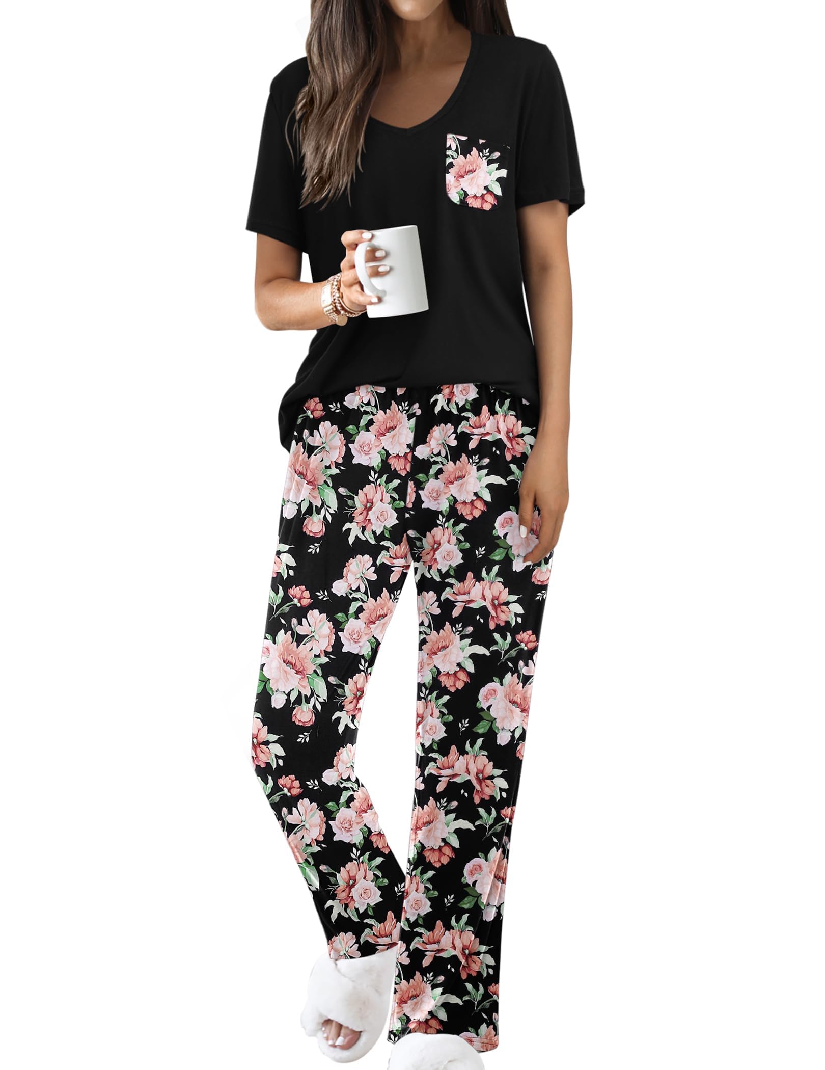 Famulily Schlafanzug Damen Kurzarm Zweiteilige Sommer Outfits V-Ausschnitt Loungewear Tops und Loose Fit Wide Leg Printed Hose mit Taschen S-XXL