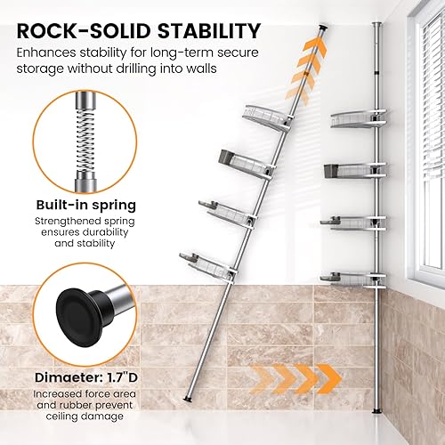 Miniatura 6 de Estantería Esquinera de Ducha con Barra de Tensión: Organizador de Baño Ajustable de 4 Niveles - Estante de Champú para Tina a Prueba de Óxido