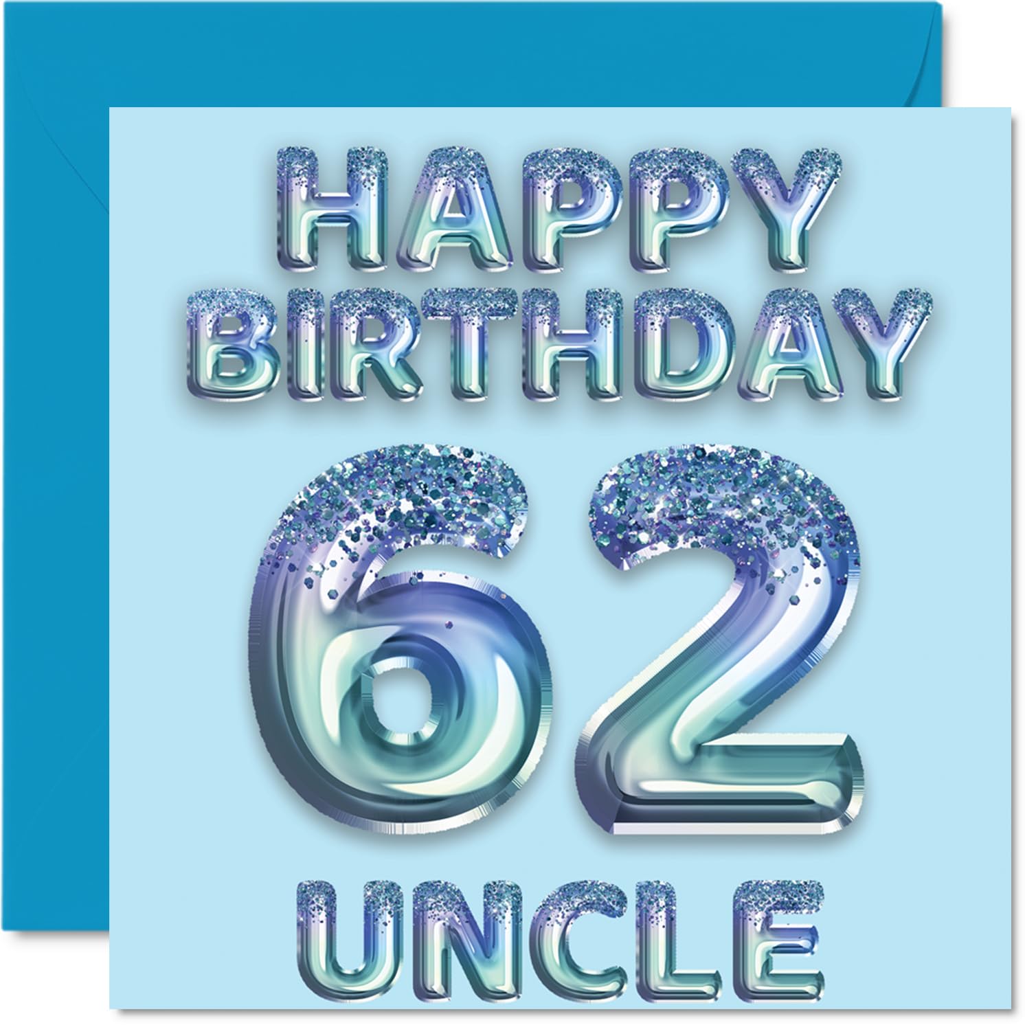 62nd Birthday Card for Uncle - Blue Glitter Party Balloons - Happy Birthday Cards for 62 Year Old Uncle from Nephew Niece, 145mm Bday Greeting Cards Gift