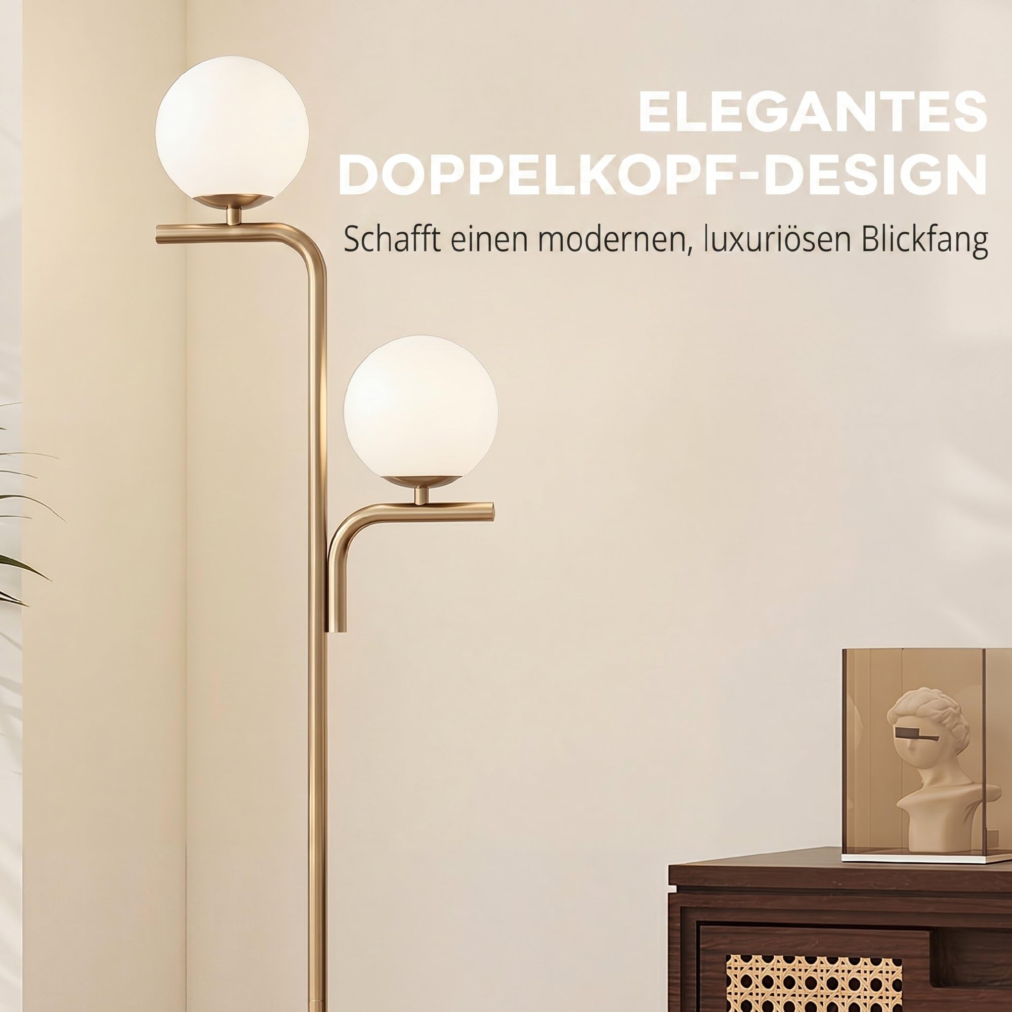 HOMCOM LED Stehlampe mit 3 Farbtemperaturen, Glaskugelschirme, Büro, Gold | Wohnzimmer Stehleuchte, Fußschalter, Standlampe für Schlafzimmer und Arbeitszimmer
