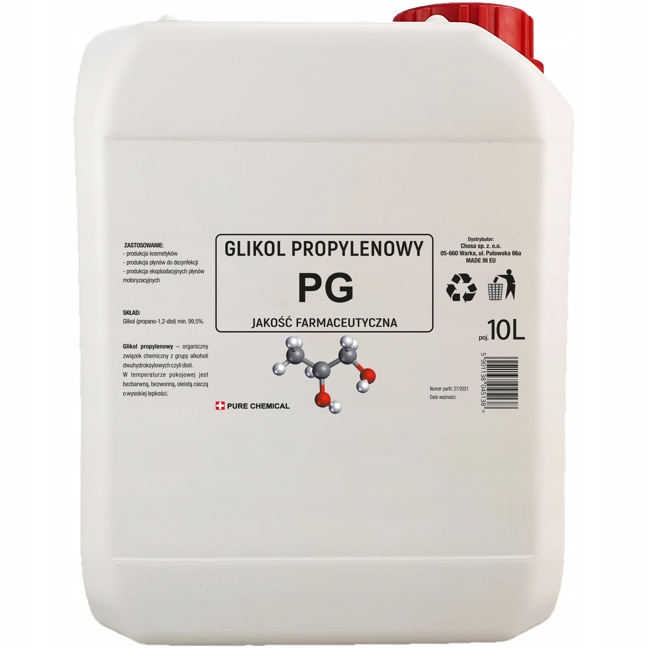CHOSA Glicole Propilenico 10 litri - Propilenglicole E1520 PG 99,5% Puro Grado Farmaceutico USP - Ideale per Cosmetici - Perfetto per la Pulizia e la Disinfezione Fai Da Te, 10 l
