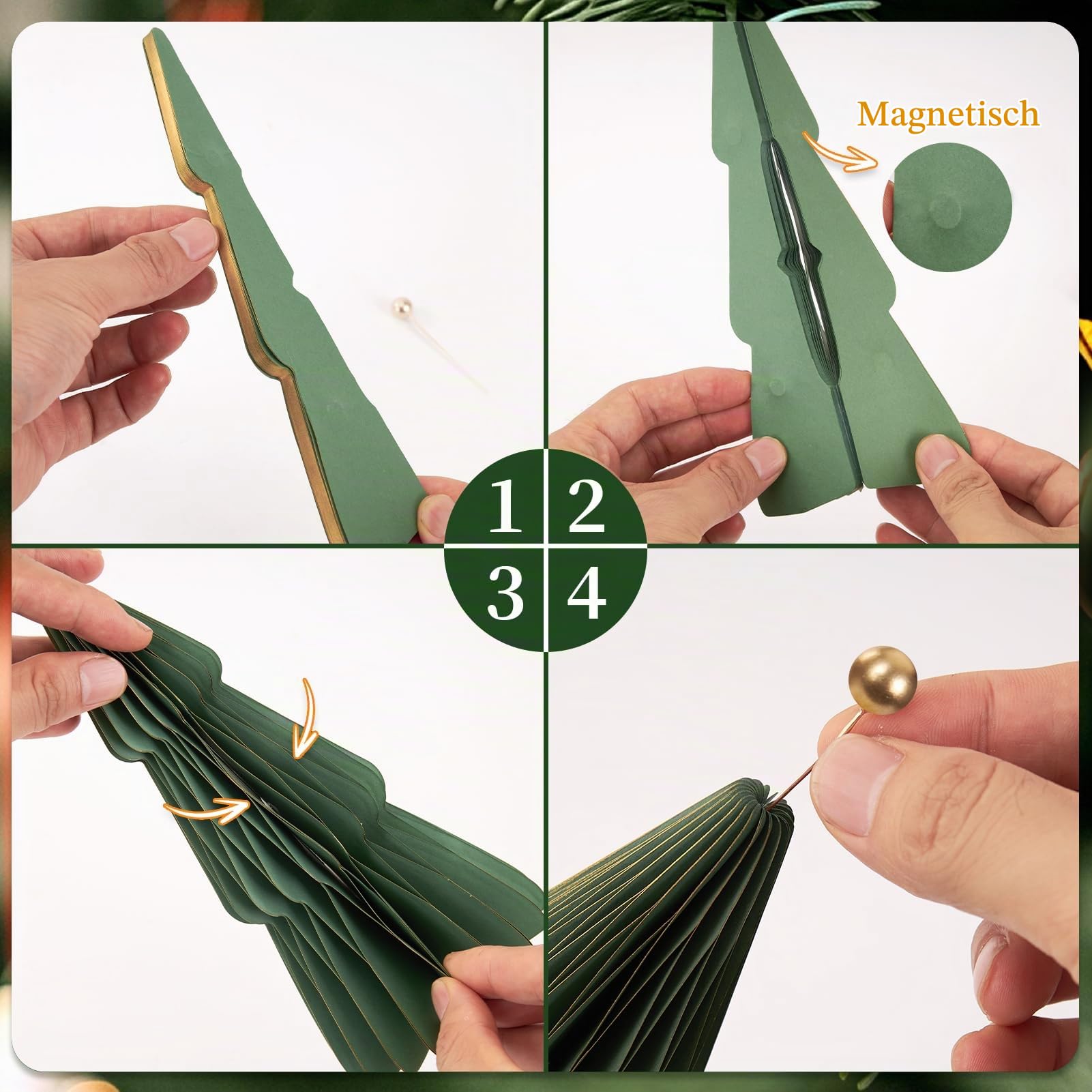SUNBEAUTY 6 Stück weihnachtsdekoration Tischdeko matt Grün 3D Papier Weihnachtsbaum Waben Papiertannenbäume mit Metallkugel Christmas Baumschmuck Deko für Esstisch Schrank Fensterbank Kaminsims