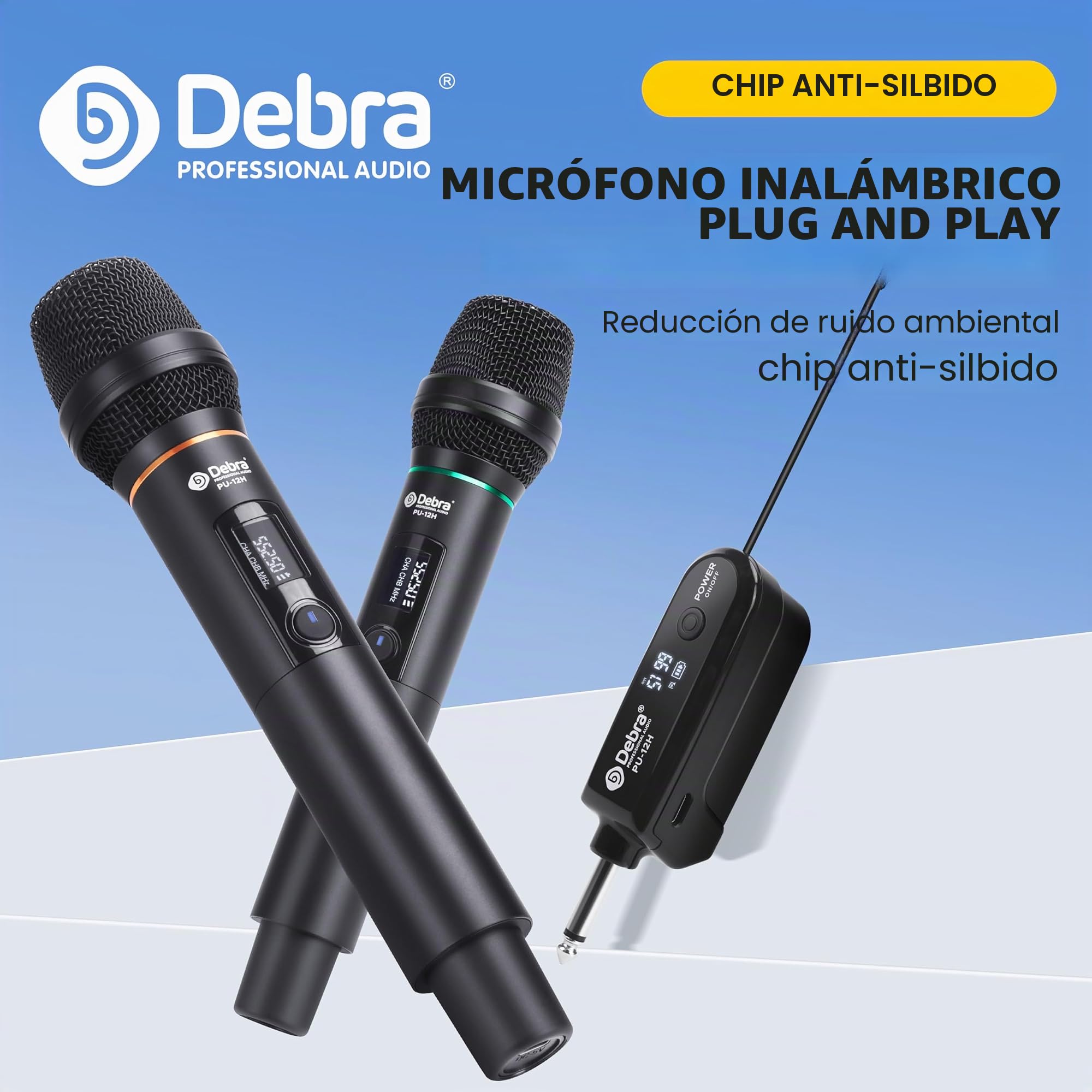 D Debra Microfono Inalambrico,Sistema de micrófono dinámico inalámbrico Dual UHF,Micrófono de Mano de Metal para Karaoke con Receptor de Canto Recargable,Micrófono para Karaoke,Iglesia