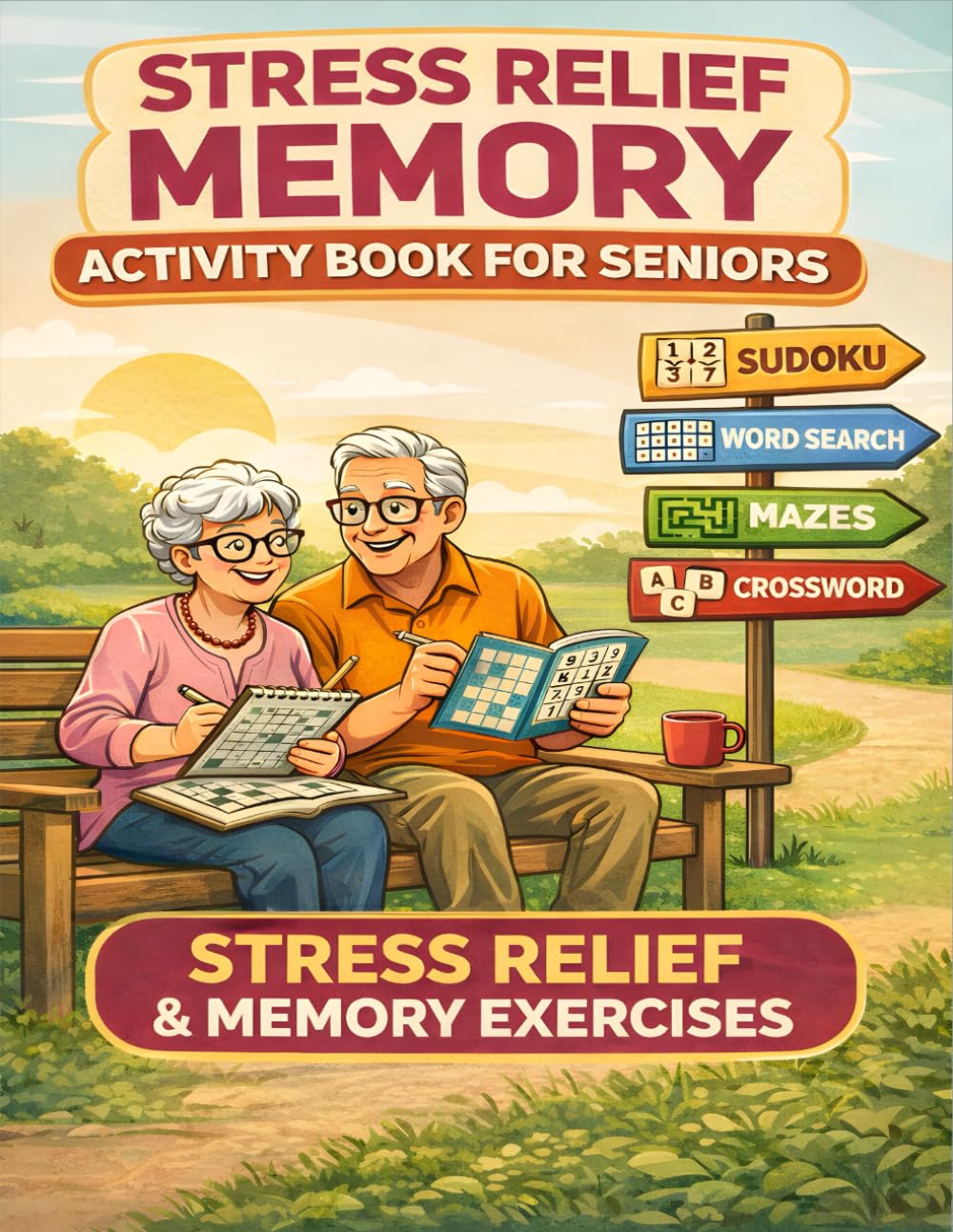 Stress Relief Memory Activity Book For seniors: Enjoyable Puzzles for Mental Wellness, Relaxation, and Memory Care Featuring Word Searches, Sudoku, Mazes Trivia, Crossword & Cryptograms