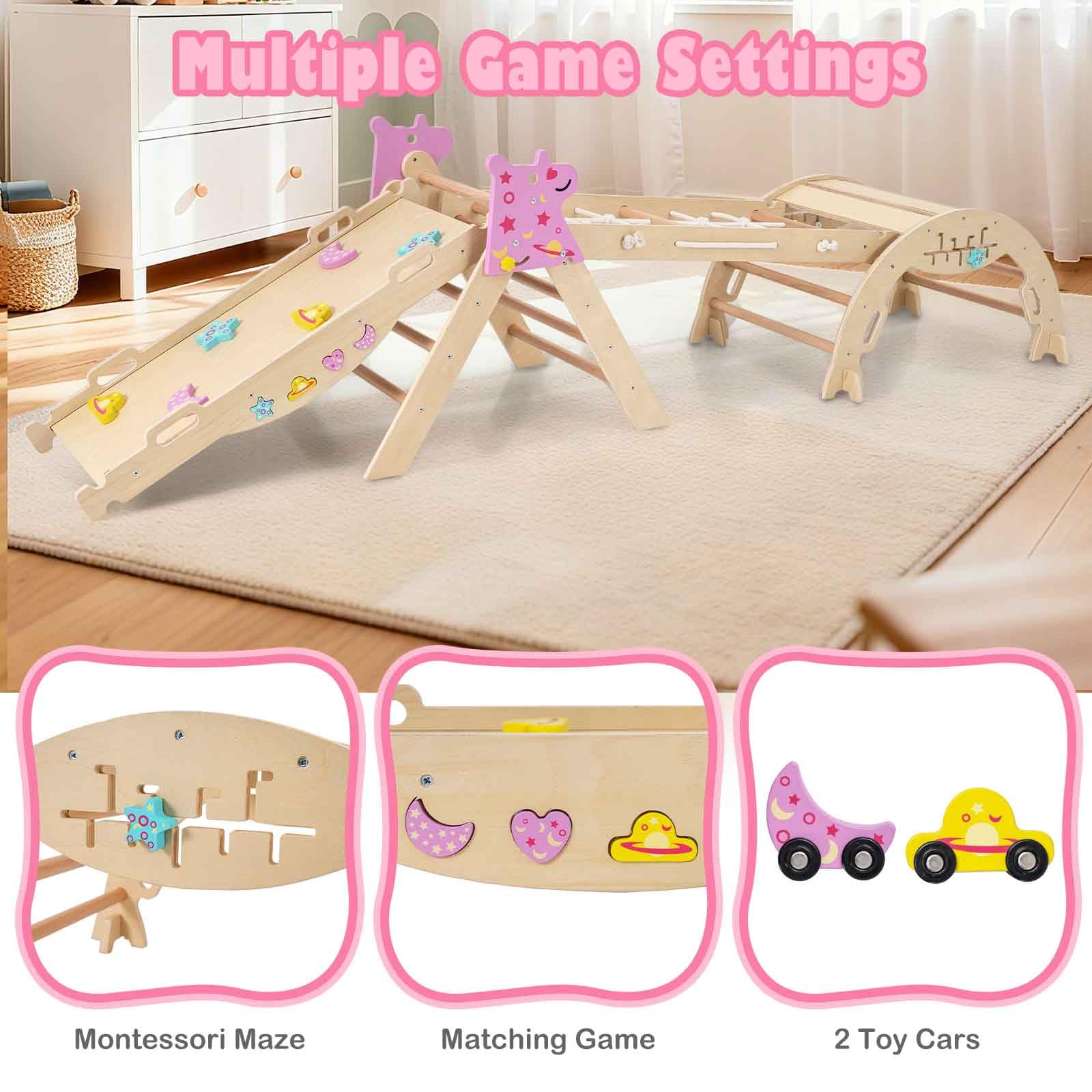 HOMASIS 4 in 1 Arrampicata per Bambini in Legno, Struttura da Scalata con Arco, Rampa, Corda e Scala, Palestra Giochi Educativa per Bambini da 3+ Anni (Naturale, Unicorno)