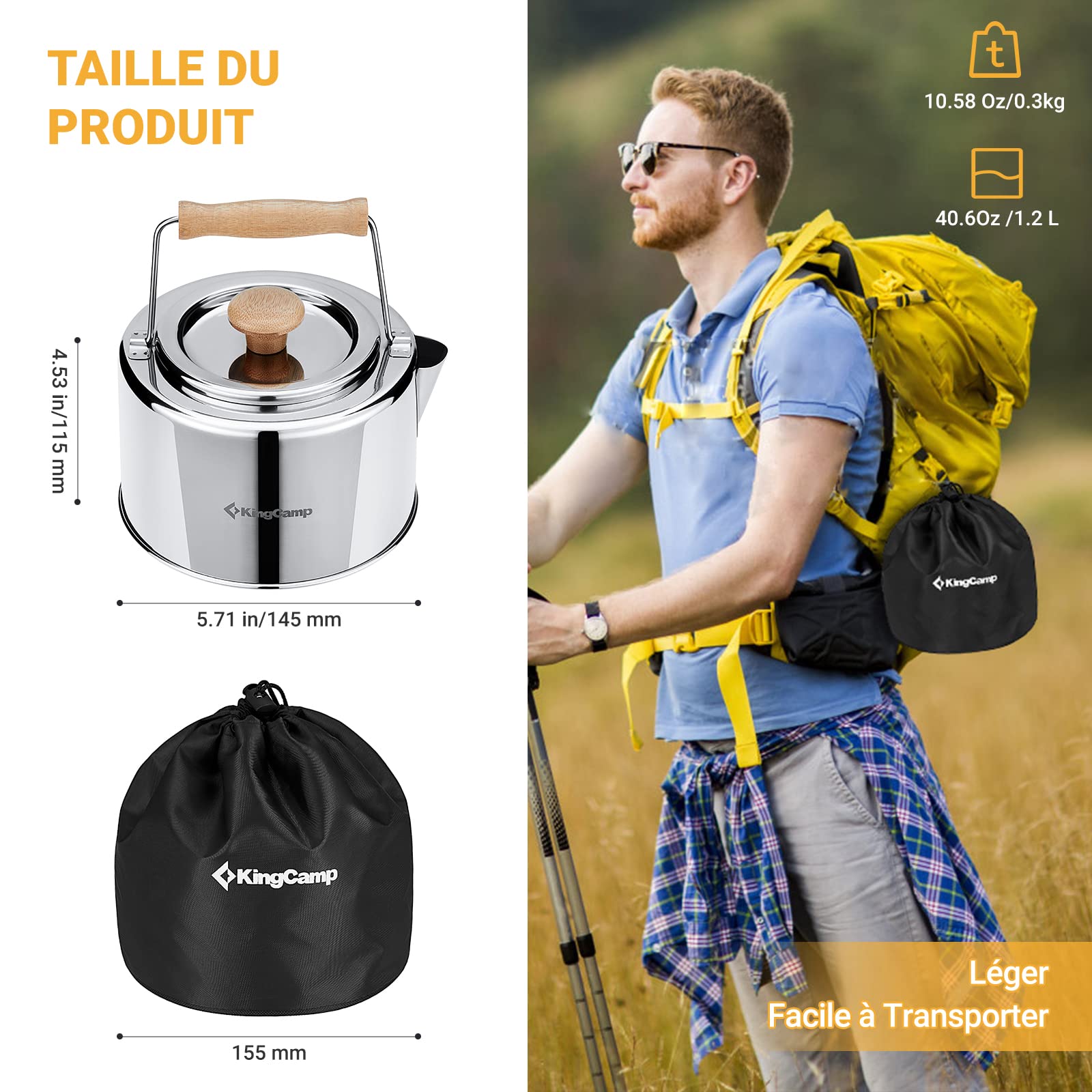 KingCamp Bouilloire de Camping Ultra-légère 1.2L Bouilloire Gaz Portable en Acier Inoxydable Alimentaire avec Manche en Bambou & Fuite de Thé Théières pour Camping Randonnée Pique-Nique Cuisine