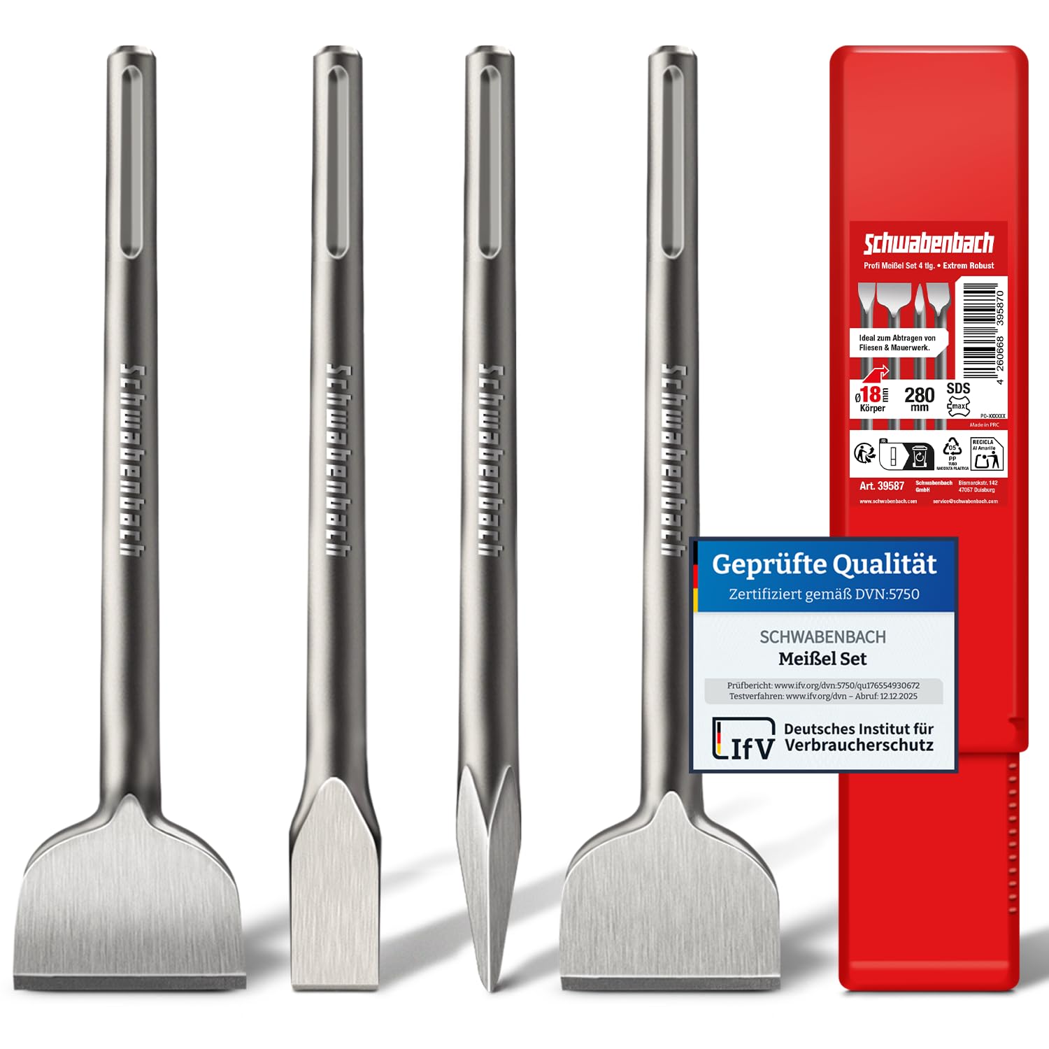 SCHWABENBACH® SDS MAX Meißel Set 4tlg. 280mm – 2 x Flachmeißel 25mm & 50mm + Spitzmeißel 25mm + SDS MAX Fliesenmeißel 50 mm (Abgewinkelt)