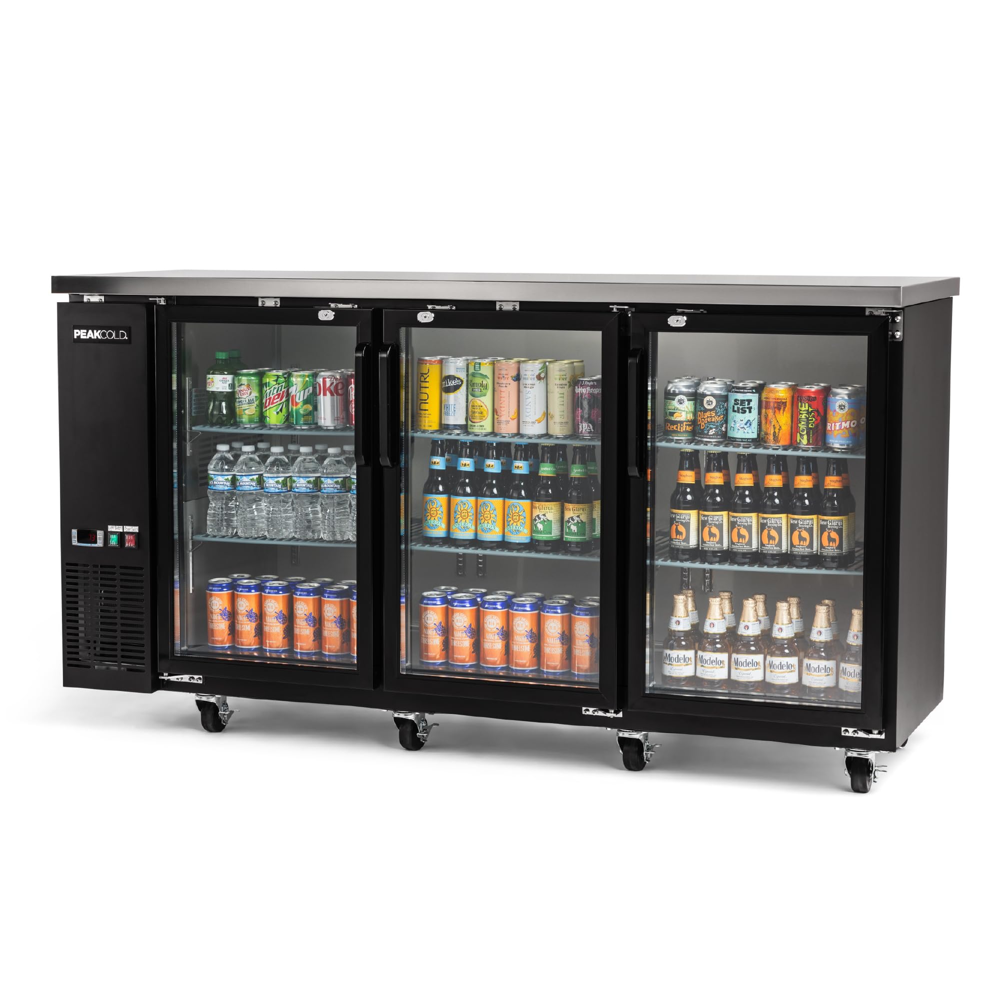 PEAKCOLD 3-Door Counter Height Beverage Refrigerator - 72" Wide Energy Efficient Black Beer Fridge With Glass Doors & White LED Lighting - Commercial Back Bar Cooler | Fridge.com