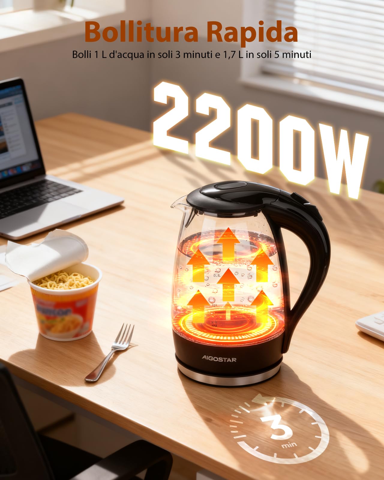Aigostar Adam - Bollitore Acqua Elettrico in Vetro Borosilicato con LED, 1,7 litri, 2200W, Spegnimento Automatico, Filtro Anticalcare, Base di rotazione a 360° in Acciaio Inox, Teiera Senza BPA Nero