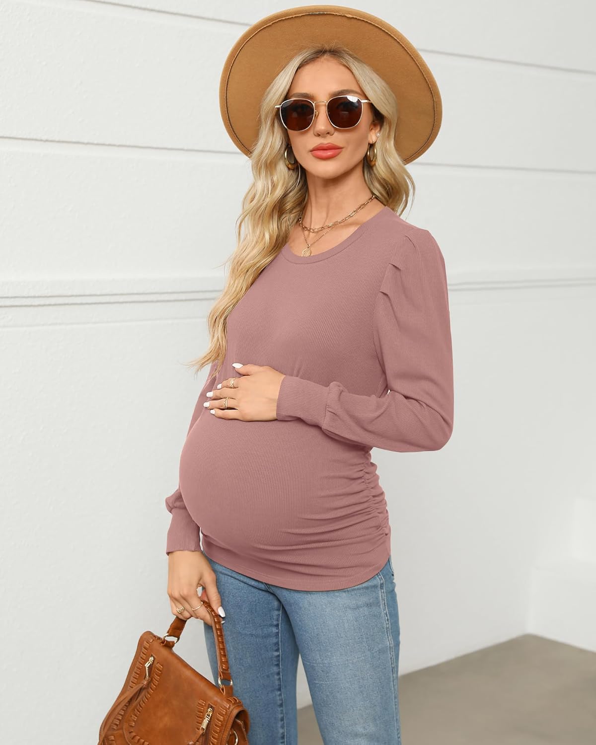 Onedreamer Women's Maternity Shirts Puff Sleeve Round Neck Tunic Top Casual Pregnancy Clothes - Image 4