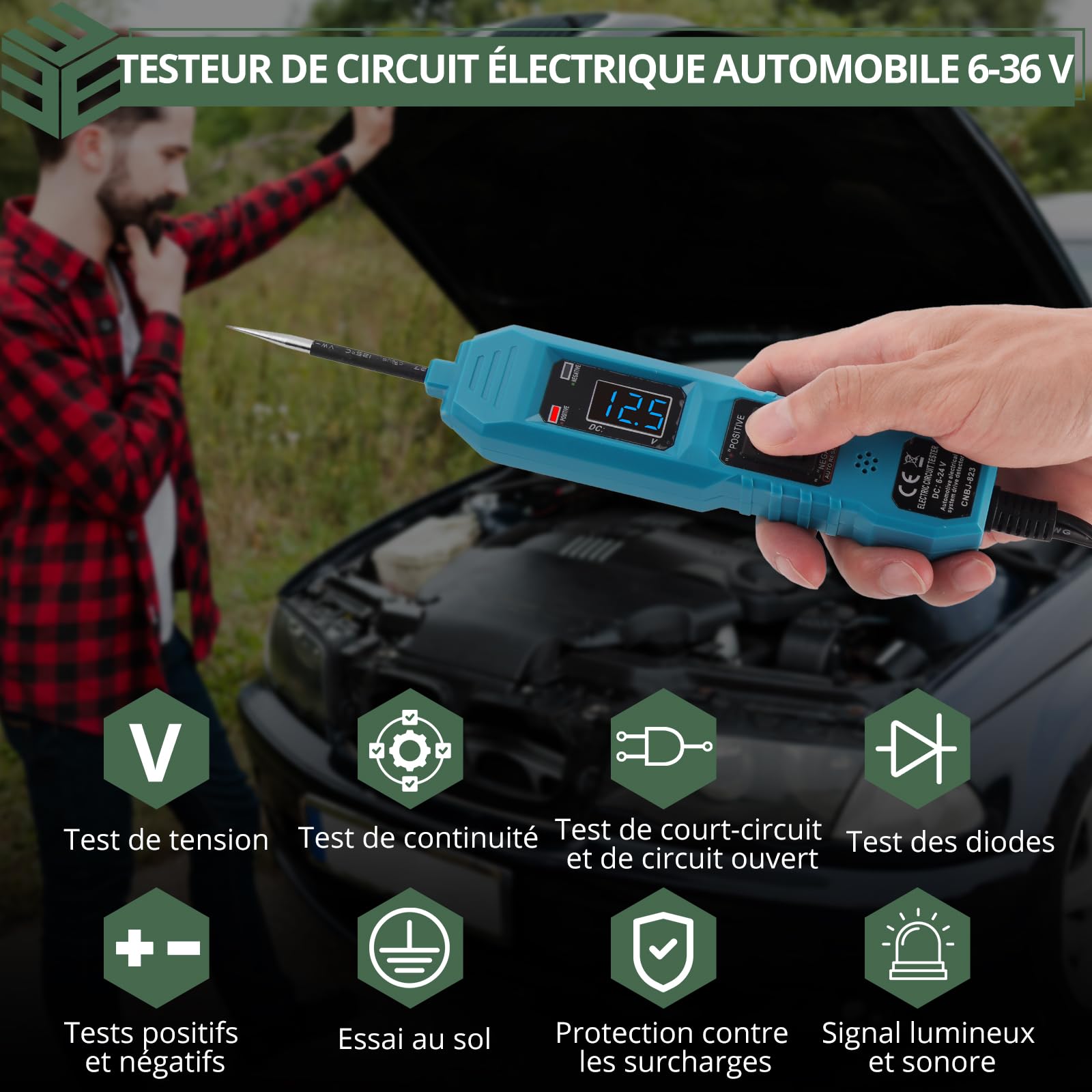 EYPINS Testeur de Circuit Électrique Voiture 6-36V avec Écran LCD et Lampe LED,Détecteur de Tension et Continuité Câbles 4.5m,Protection Surcharge pour Auto Moto Camion Bateau