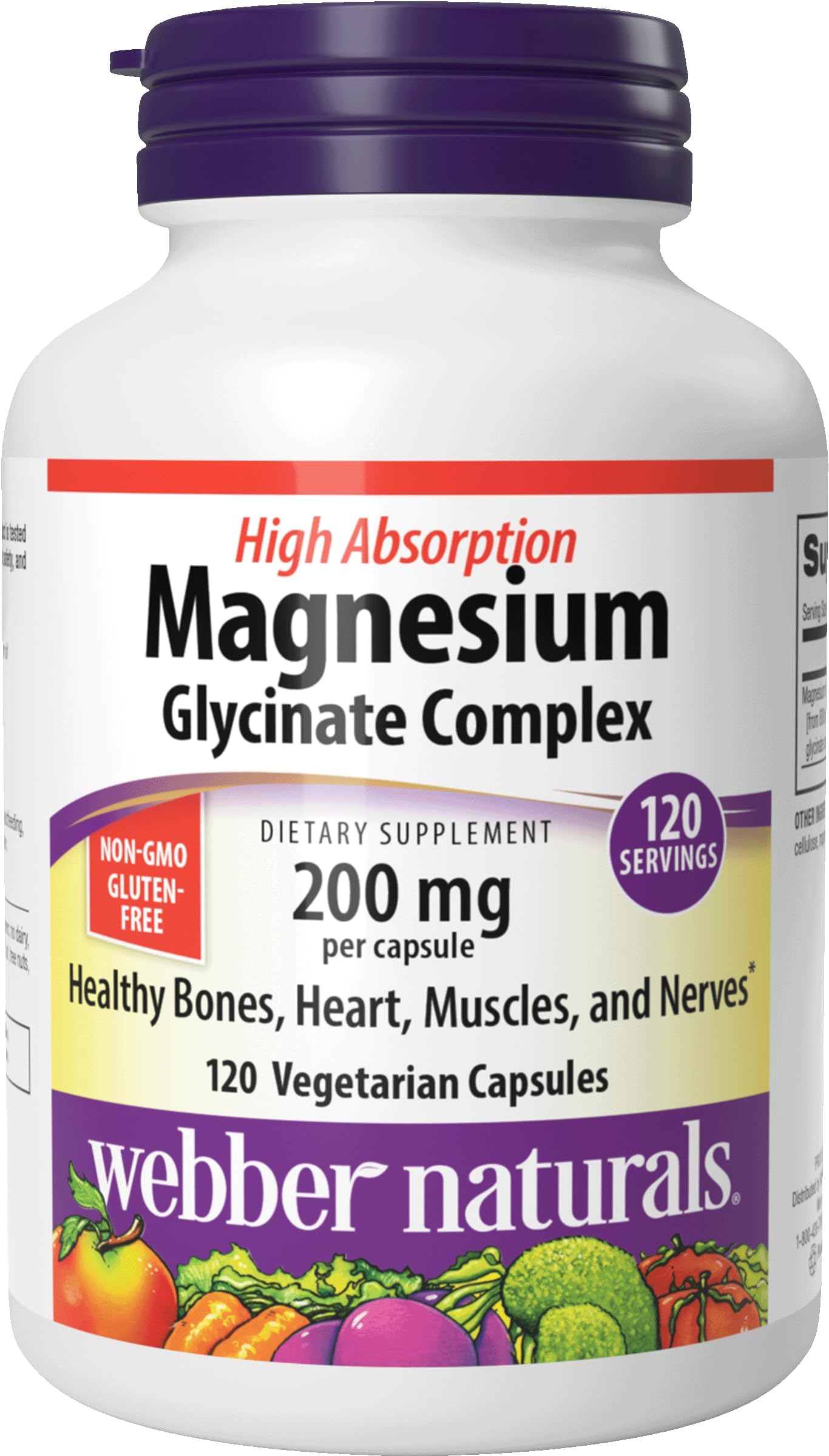 Magnesium Glycinate Complex 200 mg, 120 Vegetarian Capsules, High Absorption Formula, Supports Bones, Heart, Muscles & Nerves, One-per-Day, Vegan, New Label!