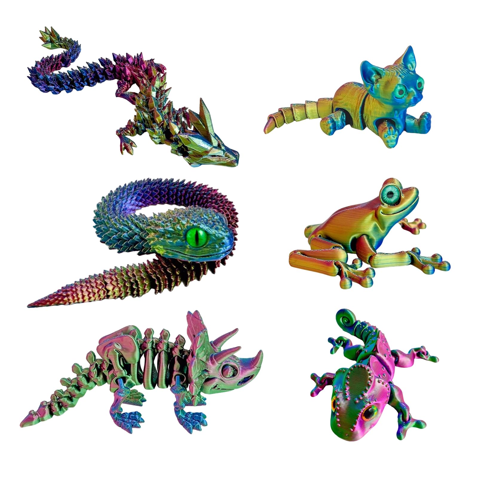 6 PCS 3D Printed Animals, Vibrant 3D Printed Animal Figures for Home and Office Decoration, Desktop Display and Gift Giving (Chameleon, Frog, Cat, Dinosaur, Dragon, Snake), Toy Animals