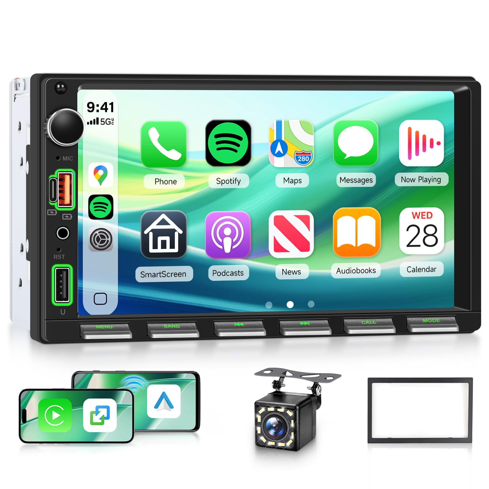 Hodozzy 2 Din Autoradio avec Carplay sans Fil Android Auto, 7 Pouces Touches Piano 2 Din Écran Tactile Radio Voiture avec Bluetooth, Radio FM, EQ, Vidéo en Ligne, Mirror Link, USB/AUX/Type-C, SWC