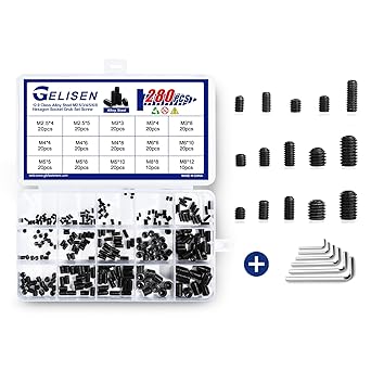 Gelisen Internal Hex Drive Cup-Point Screws Assortment Kit,280Pcs-15 Metric Sizes M2.5/3/4/5/6/8 Allen Head Socket Set Screw for Door Handles,Light Fixture,Faucet,12.9 Class Black Alloy Steel
