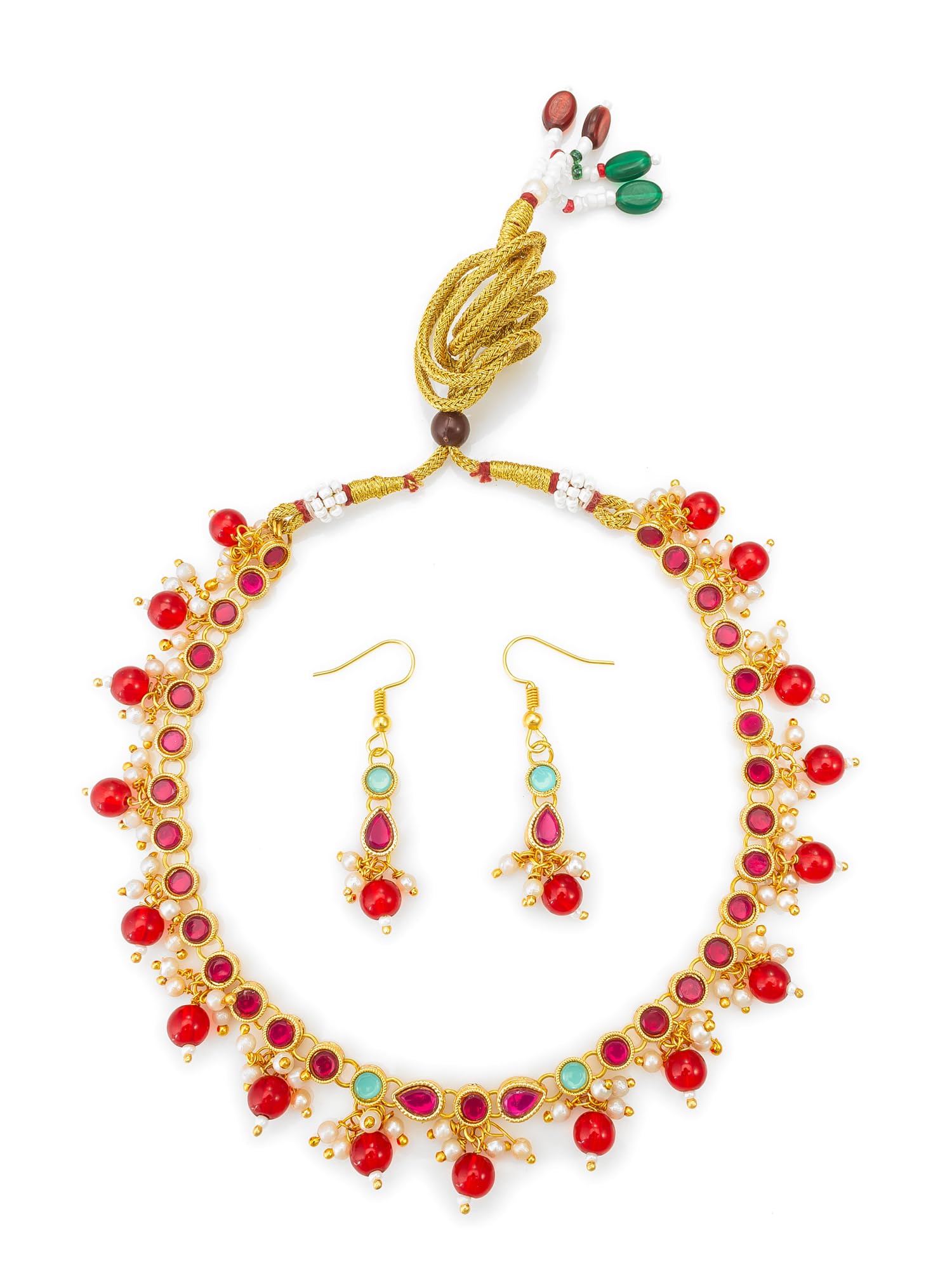 Green Beads Ethnic Choker Necklace Earring & Ring Set For Women-NK4707