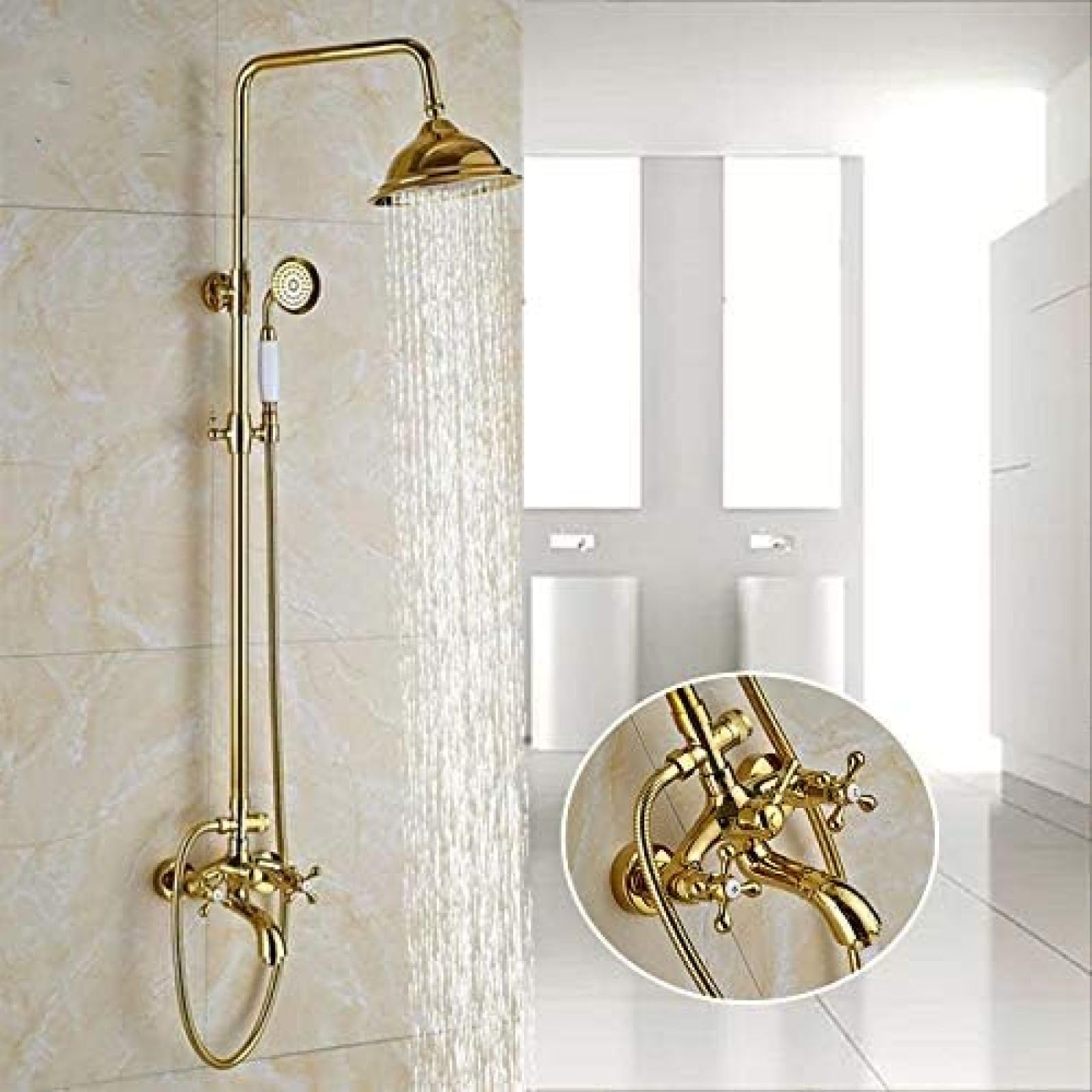 GLJTUO Gold Bathroom Shower Faucet Set Wall Mount Brass 8 Inch Rainfall Shower Head Ceramics Shower Head Swivel Bathtub Spout Mixer Tap