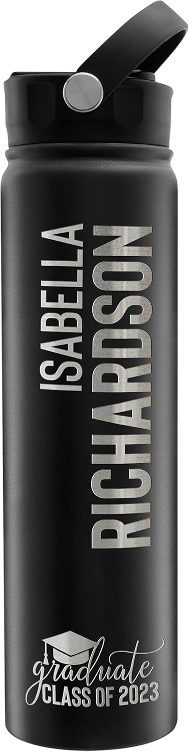 Graduation Gifts - Personalized Water Bottle w Straw Lid, Custom 6 Designs Water Bottle w Name | 24oz - Black | Double Wall, Vacuum Insulated, Class of 2025, High School, College Gifts