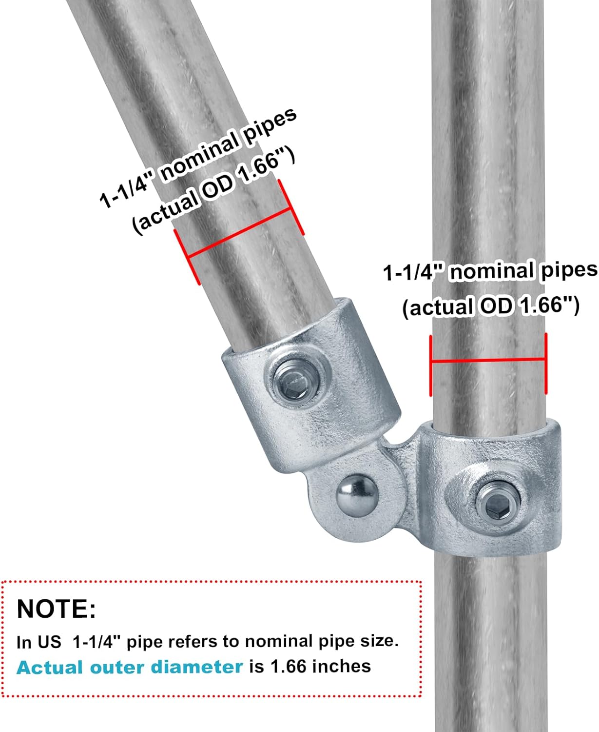 GBGS 2 Pack Swivel Socket Clamp,Fits 1-1/4" Nominal Structural Pipe(Actual O.D. 1.66"),Adjustable 0–180°,Secured with Set Screw