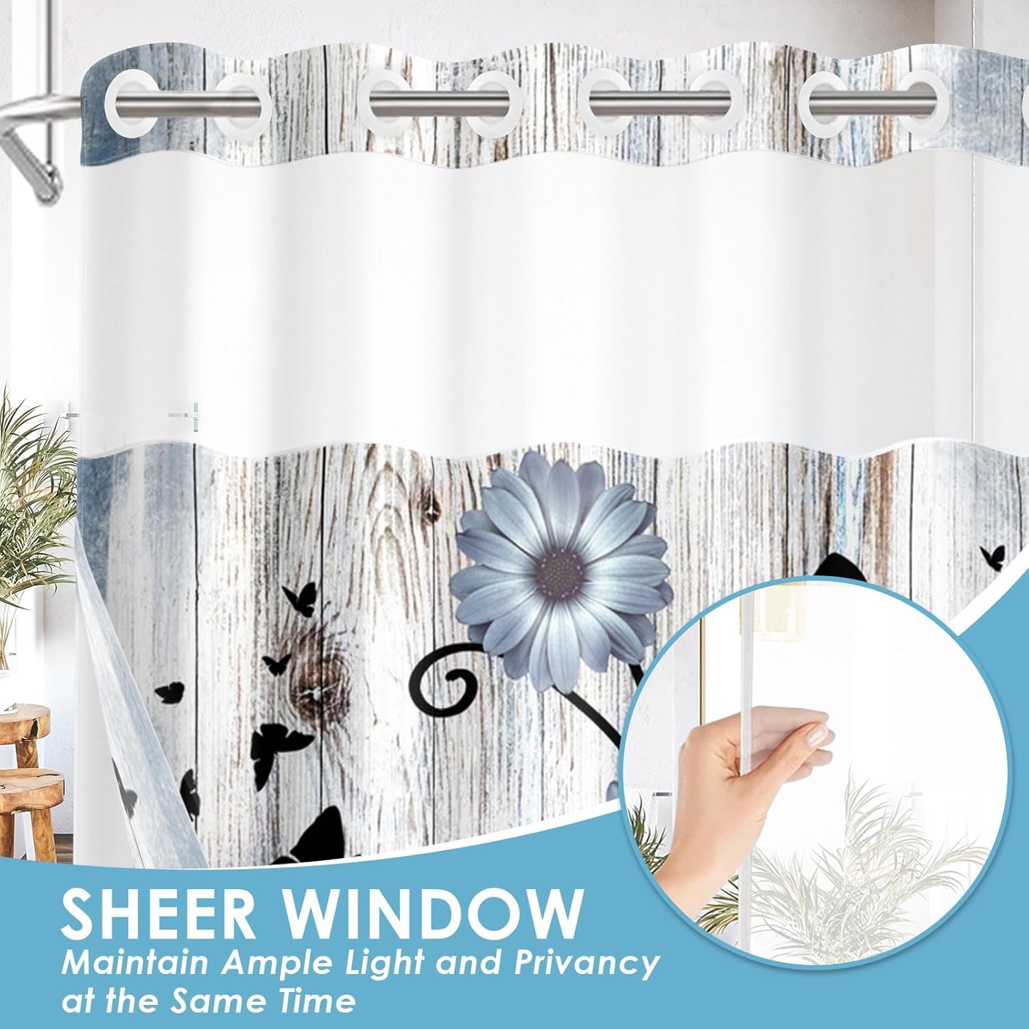 No Hook Blue Flower Shower Curtain with Snap in Fabric Liner Set, Daisy Rustic Farmhouse Double Layers Waterproof Fabric with See Through Top Window Open Grommet Bath Curtain 71x74 Inch