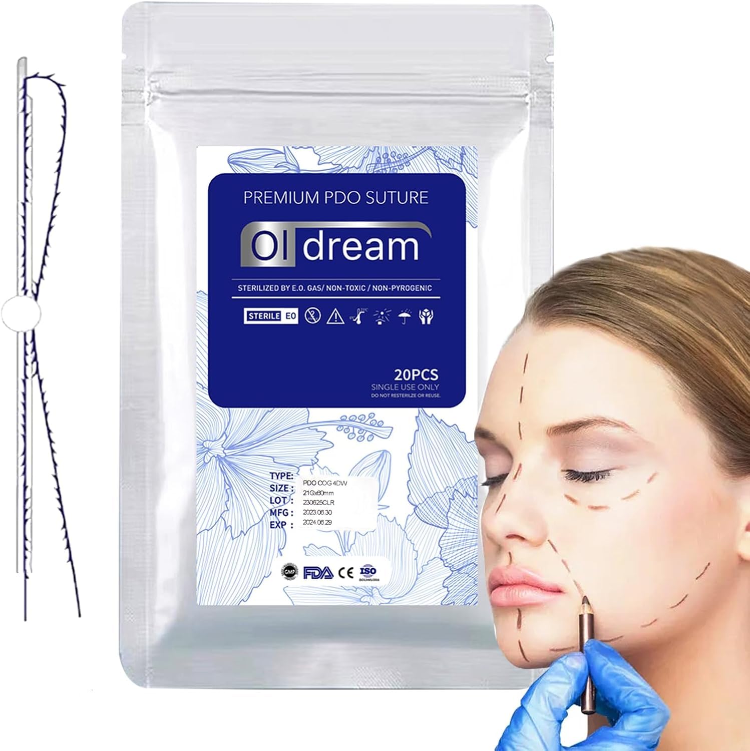 Oldream Pdo-Zahnfäden 21G60mm, Pdo-Zahnfäden für Fox-Eye-Lifting, Pdo-Fäden für Facelifting-Zahnfäden 20 Stück