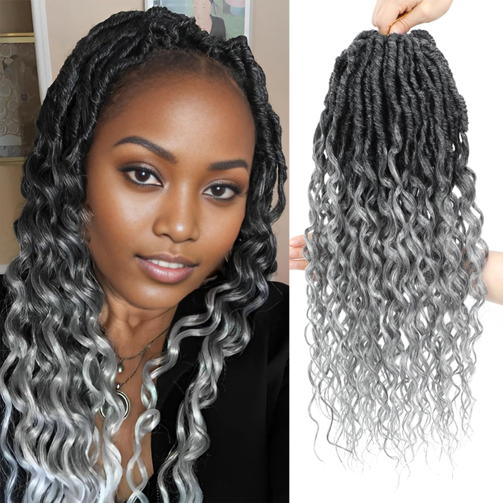 Photo 1 of Goddess Locs Crochet Hair Deep Faux Locs Crochet Hair 1b gray 14 Inch 8 Packs of Soft Locs with Curly Ends Perfect for Women Get Stunning Hairstyles Instantly