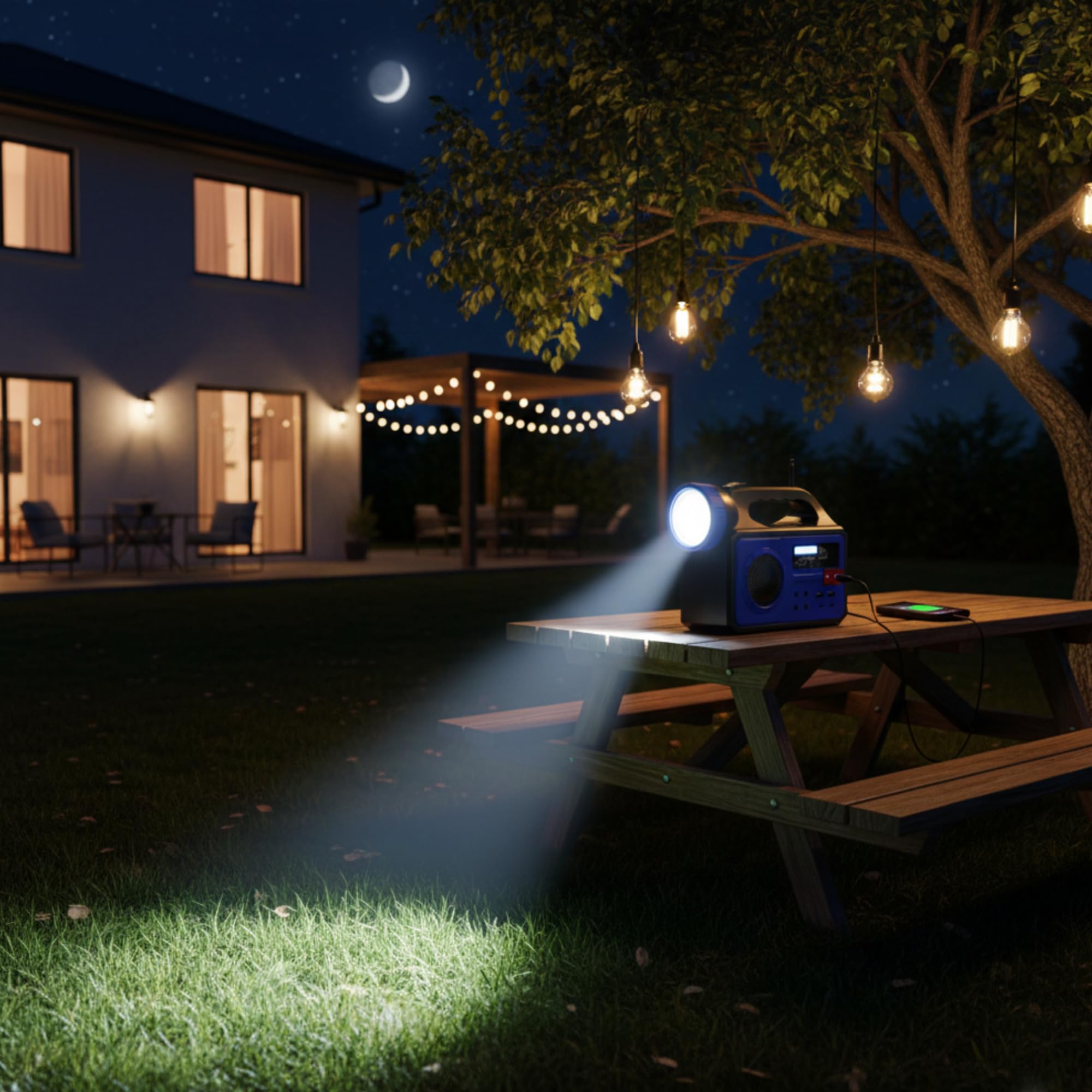 Sistema de Iluminación Solar Portátil con Panel 12W, Linterna LED, 3 Bombillas Externas, Radio FM, Bluetooth, Power Bank 25000mAh, Dimensiones 214x85x163mm