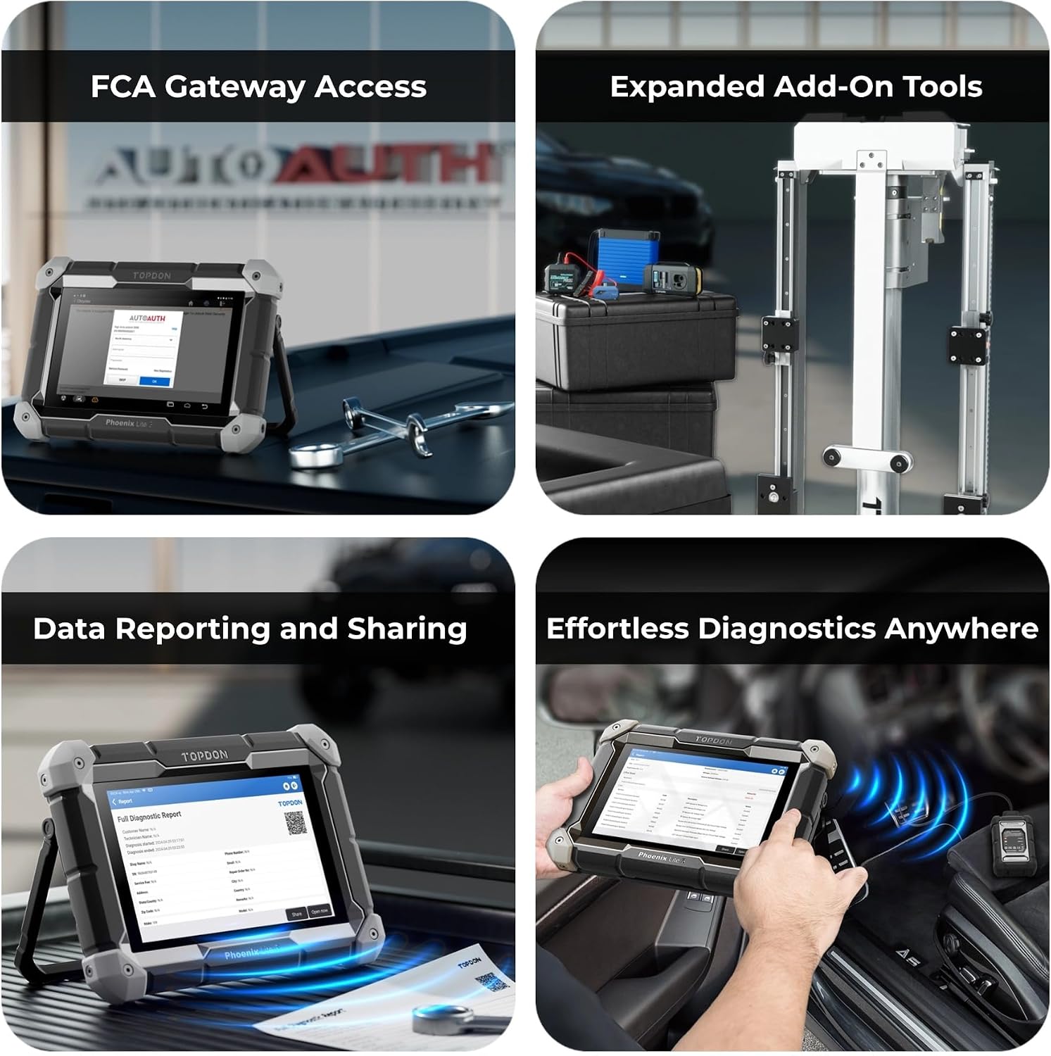 TOPDON Phoenix Lite 3 showing FCA AutoAuth, add-on tools, data reporting, and wireless diagnostics