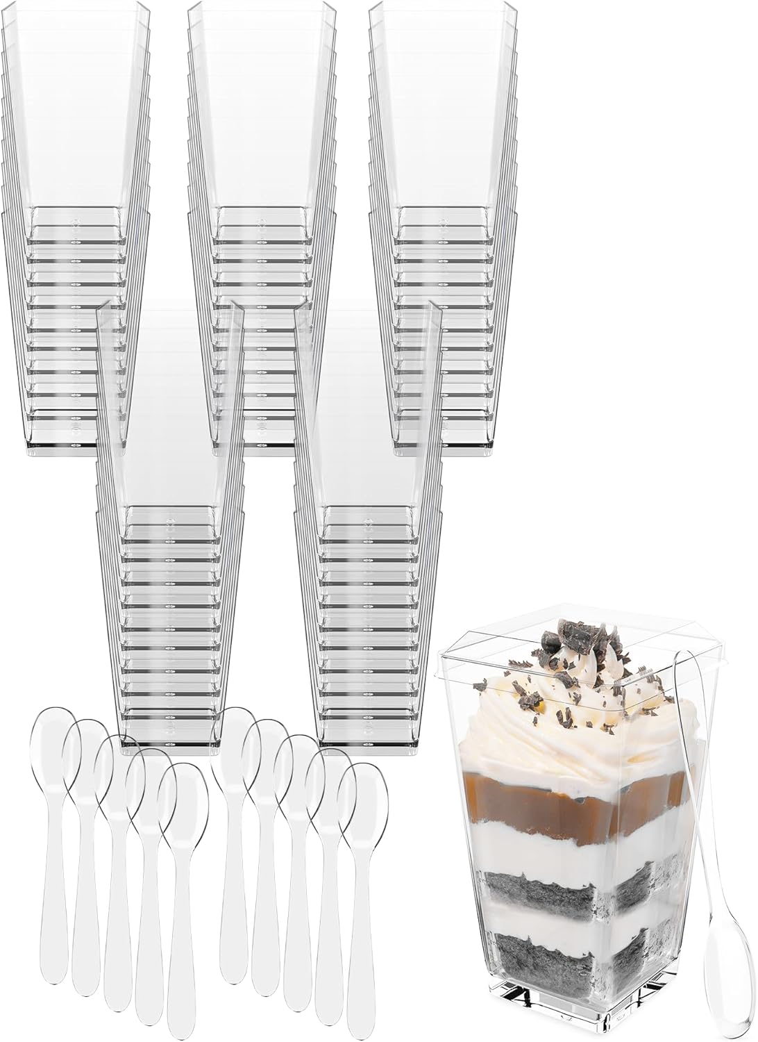 100 Pack 3 oz Mini Dessert Cups with Lids and Spoons (Gold Spoons) - Plastic Shooter Appetizer Parfait Cups with Lids Reusable - BPA Free Catering Supplies for Party - Dessert Bowls (GOLD SPOONS)