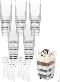 100 Pack 3 oz Mini Dessert Cups with Lids and Spoons (Clear Spoons) - Plastic Shooter Appetizer Parfait Cups with Lids Reusable - BPA Free Catering Supplies for Party - Dessert Bowls (CLEAR SPOONS)