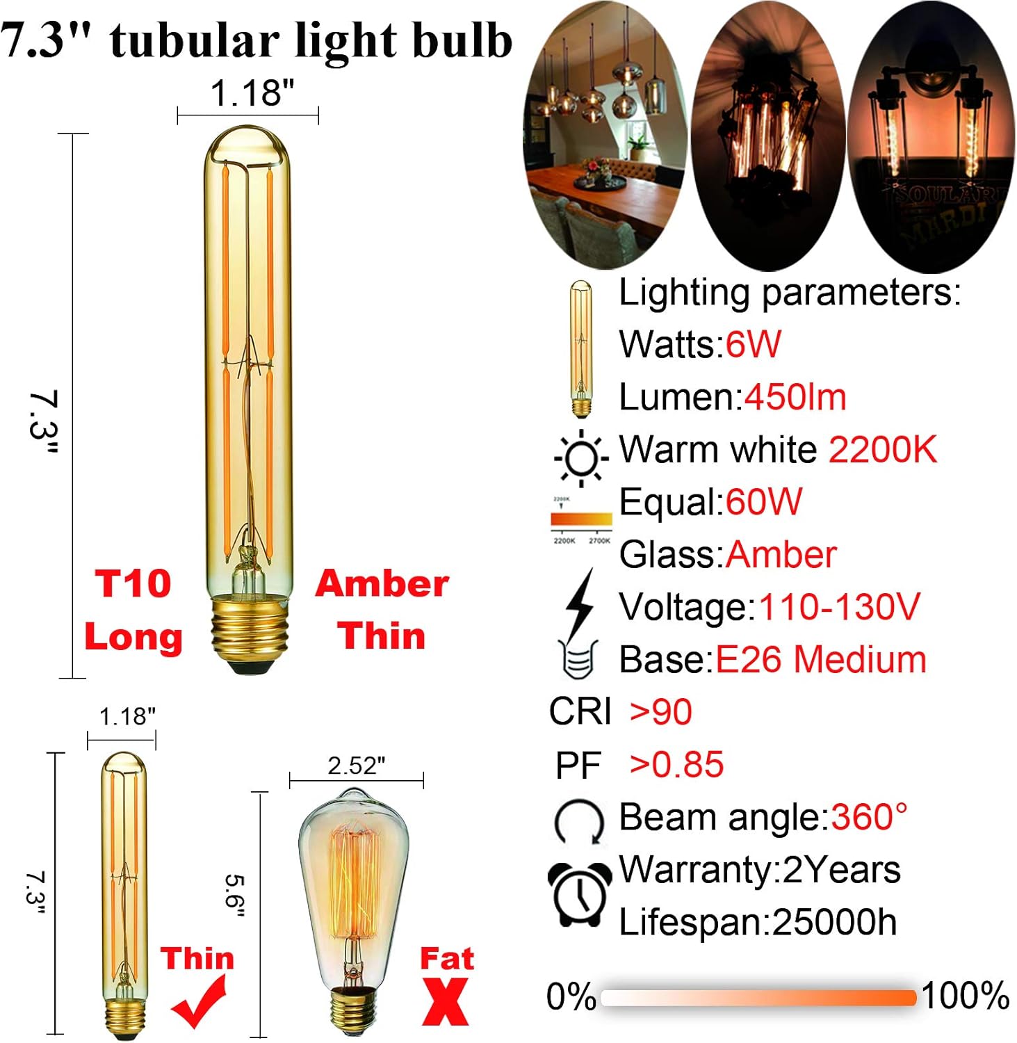 LiteHistory E26 LED Bulb Dimmable 6W led Bulb Equal 60 Watt Light Bulb Warm White 2200K Amber Edison Bulb AC120V 450lm T10 led Bulb for Rustic Pendant,Industrial Wall sconces E26 Light Bulbs 6Pack