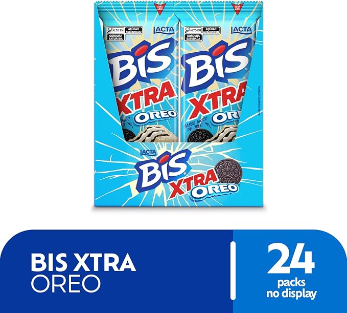 Vista frontal da caixa de Bis Xtra Oreo destacando a marca e a quantidade de 24 unidades