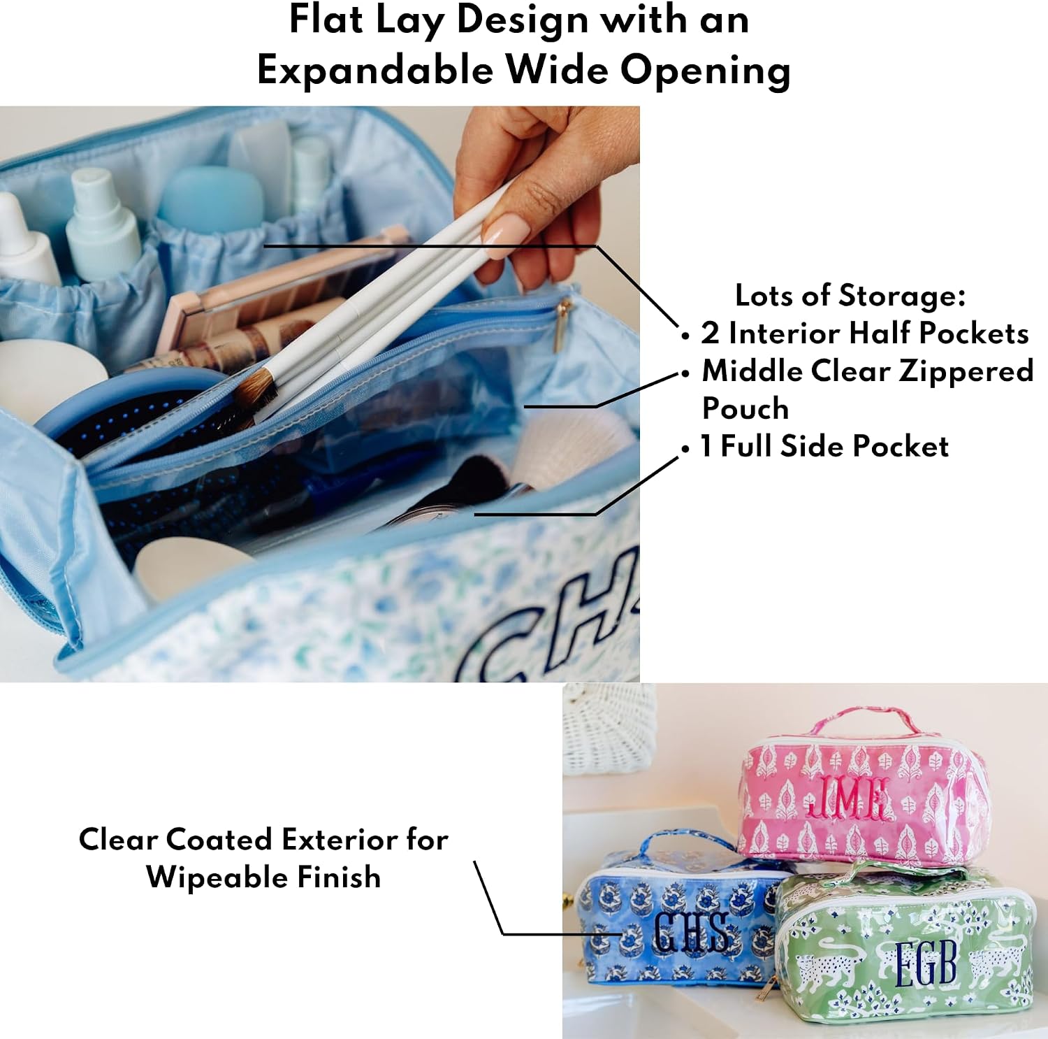 Personalized Flat Lay Makeup Bag - Clear-Coated Embroidered Cosmetic Organizer, Monogrammed Wide-Open Travel Pouch with Easy-Access Interior, Handmade Gift for Women (Willow)