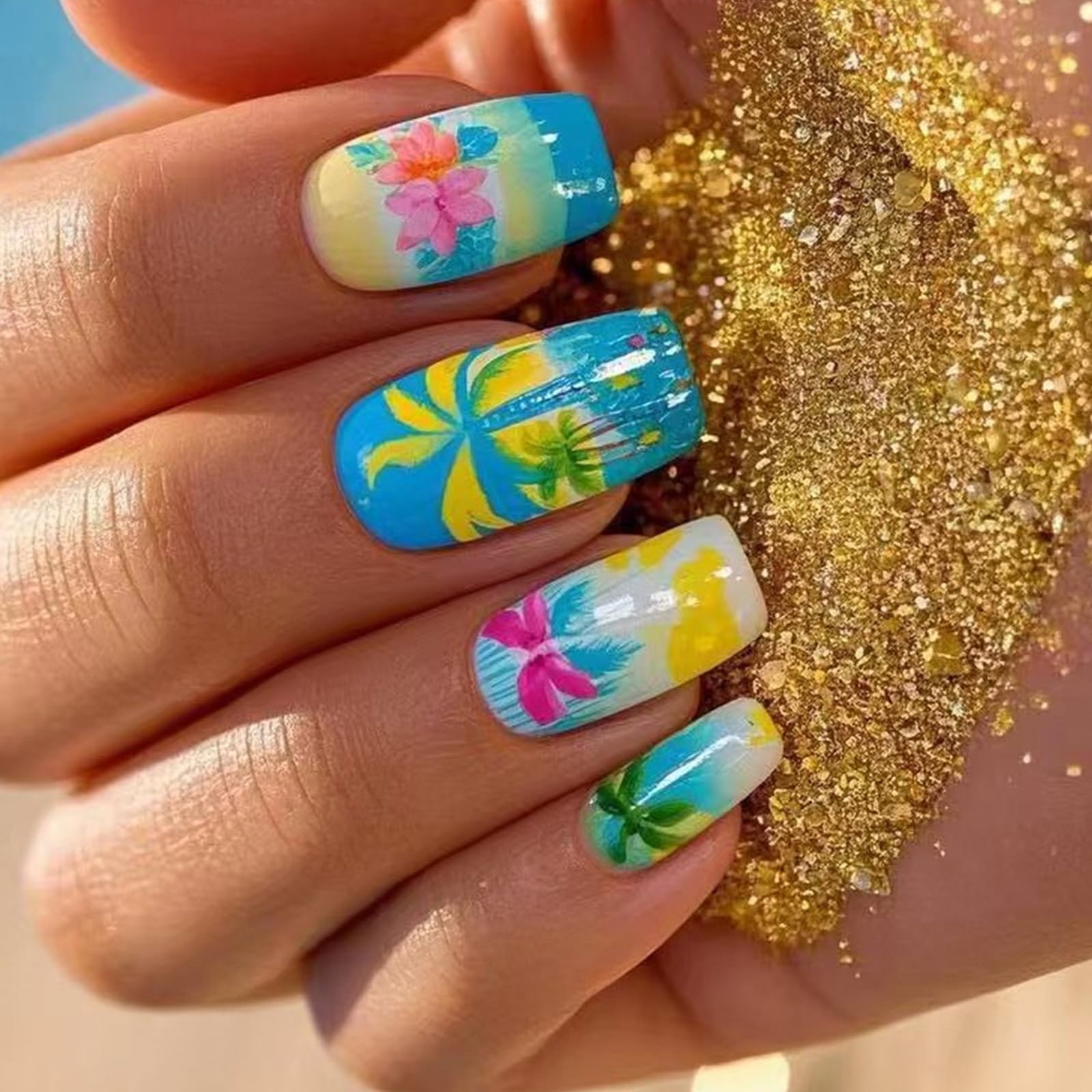 24 Pcs Glossy Full Covers False Nails Mediums Square Press On Nails Coconuts Tree Stick On Nails Acrylic Nails