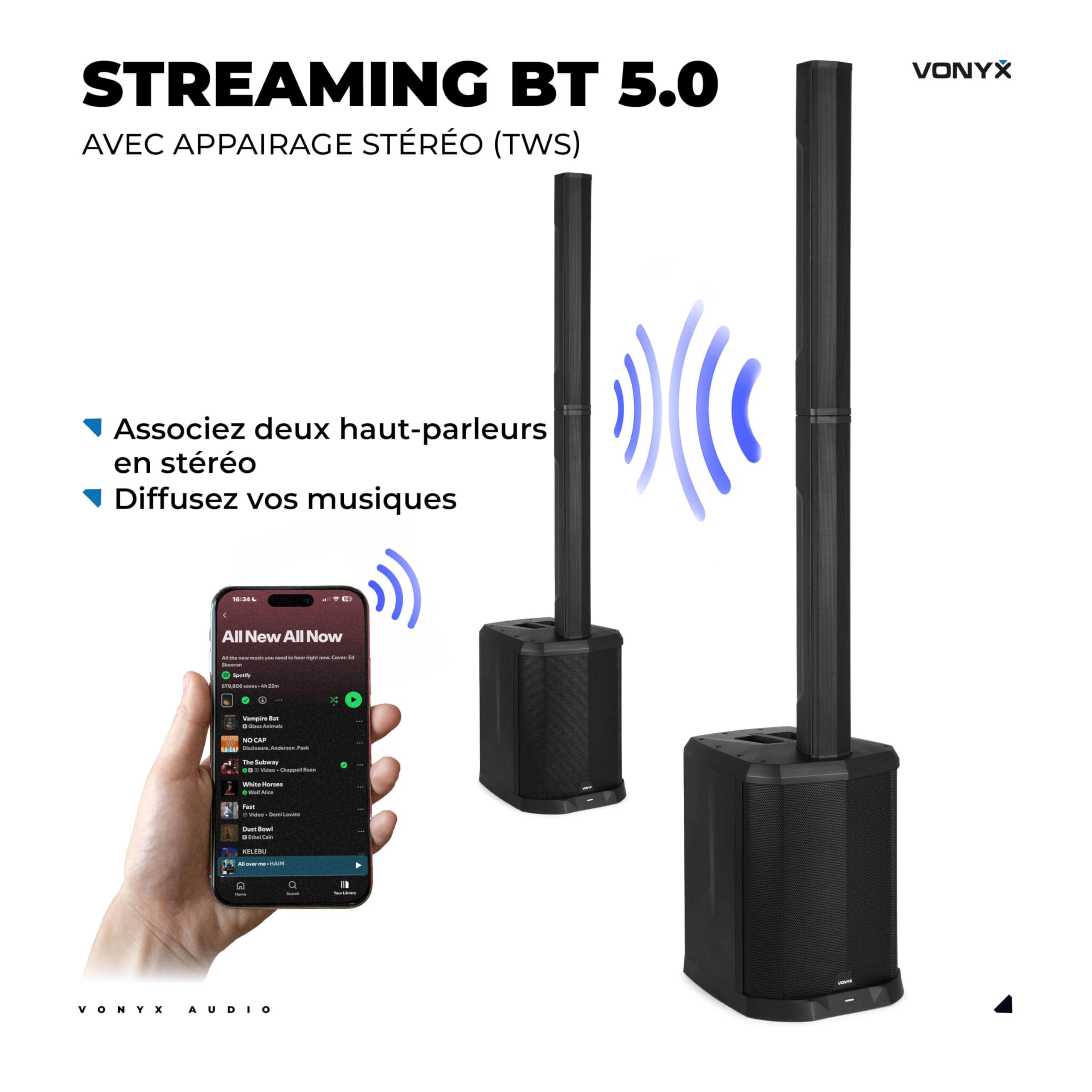 VONYX VX822 Enceinte Colonne Active 1800W avec Bluetooth et TWS, Caisson 12" et 8 Haut-Parleurs 3", DSP avec Préréglages, Entrées XLR Jack RCA, Écran LCD, Idéale pour DJ, Karaoké et Événements