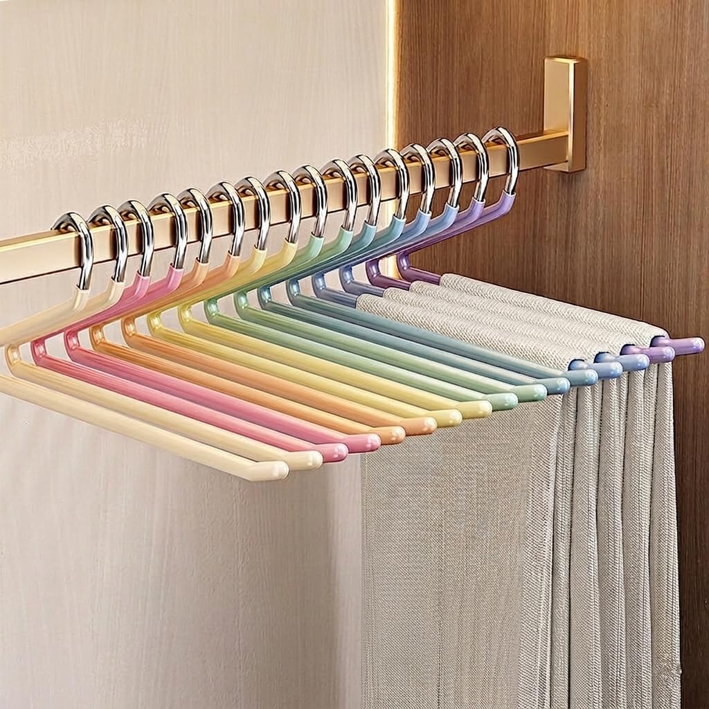 Perchas para Pantalones, Pack de 16 (8 Colores x2), 35 cm, Grosor 5,2 mm, Perchas Metálicas con Recubrimiento Completo Antideslizante, Diseño en Z Abierto Directo, Ahorro de Espacio, Multicolor