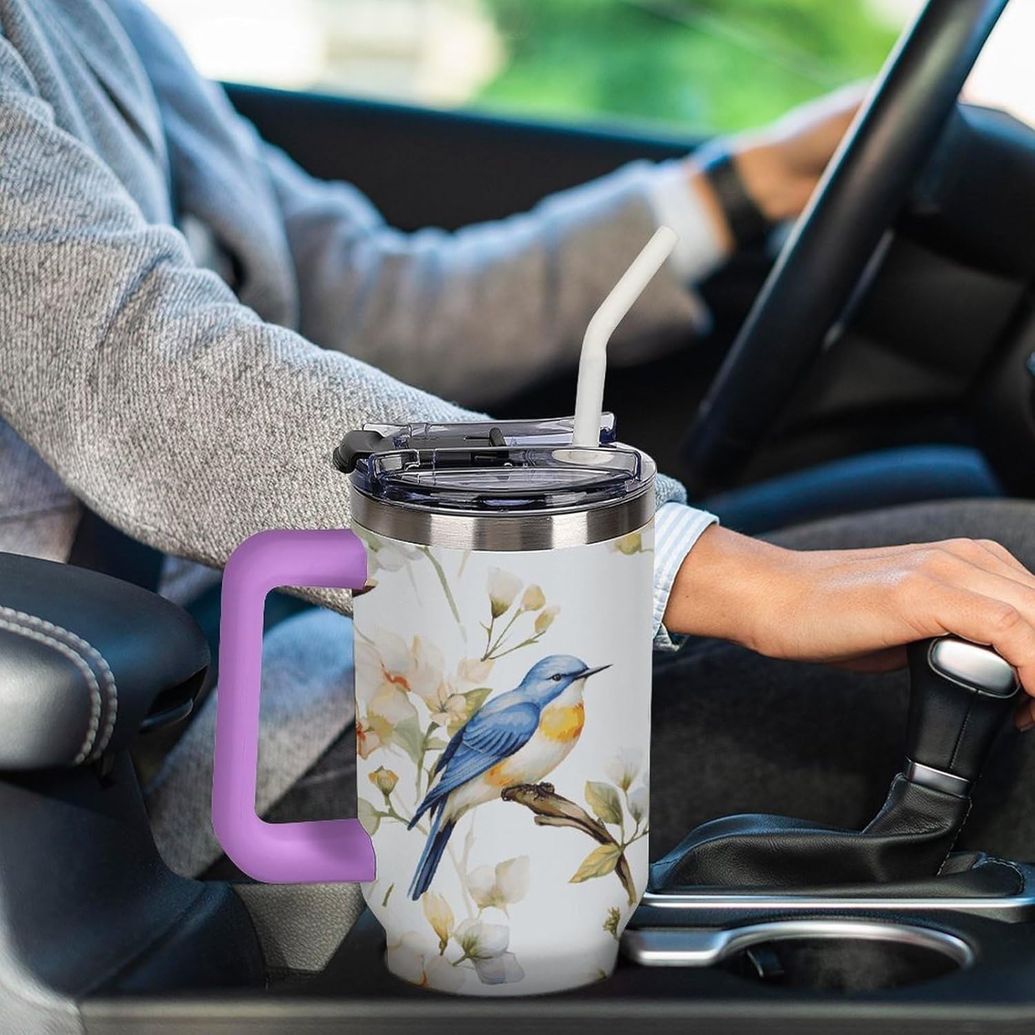 40 Oz Insulated Mug with Handle, Stainless Steel Watercolor Flowers And Birds Printed Travel Mug Portable Leak-proof Large Car Mug for Home, Office Or Car