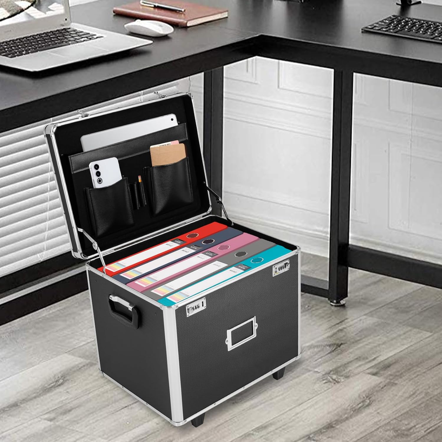 Portable File Storage Box with Handle - 19.2" x 15" x 16" Letter/Legal Size Mobile Lock Box, Aluminum Alloy Fireproof File Box with Wheels, Double Combination Locking Cabinet - Black (Black)