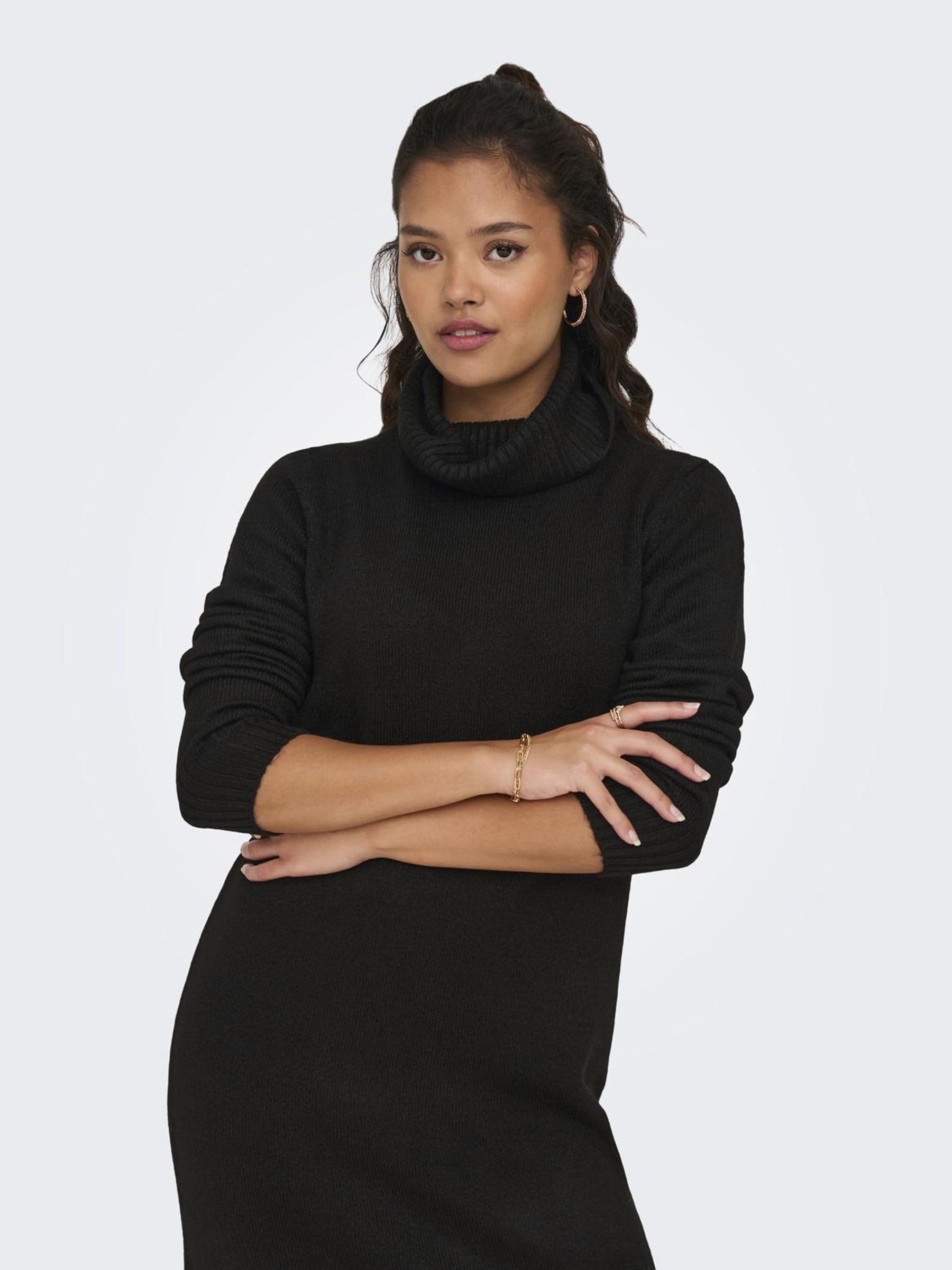 Robe en Tricot à Manches Longues Mini Robe col roulé Coupe régulière Pull Encolure Ronde mi-Longue JDYELANOR, Couleurs:Noir-2, Taille:XL