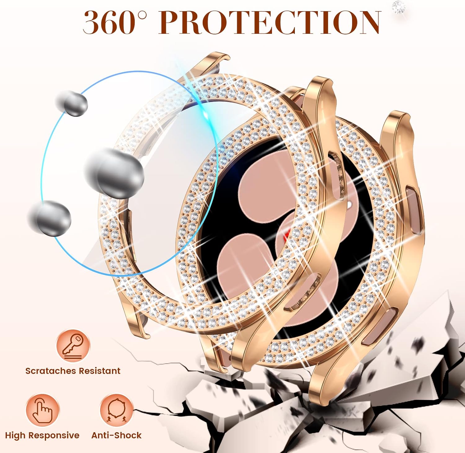 [ 2+2 Pack ] Goton for Samsung Galaxy Watch 4 Screen Protector and case 40mm, Bling PC Diamonds Cover Bumper with Tempered Glass Film for Women Girl